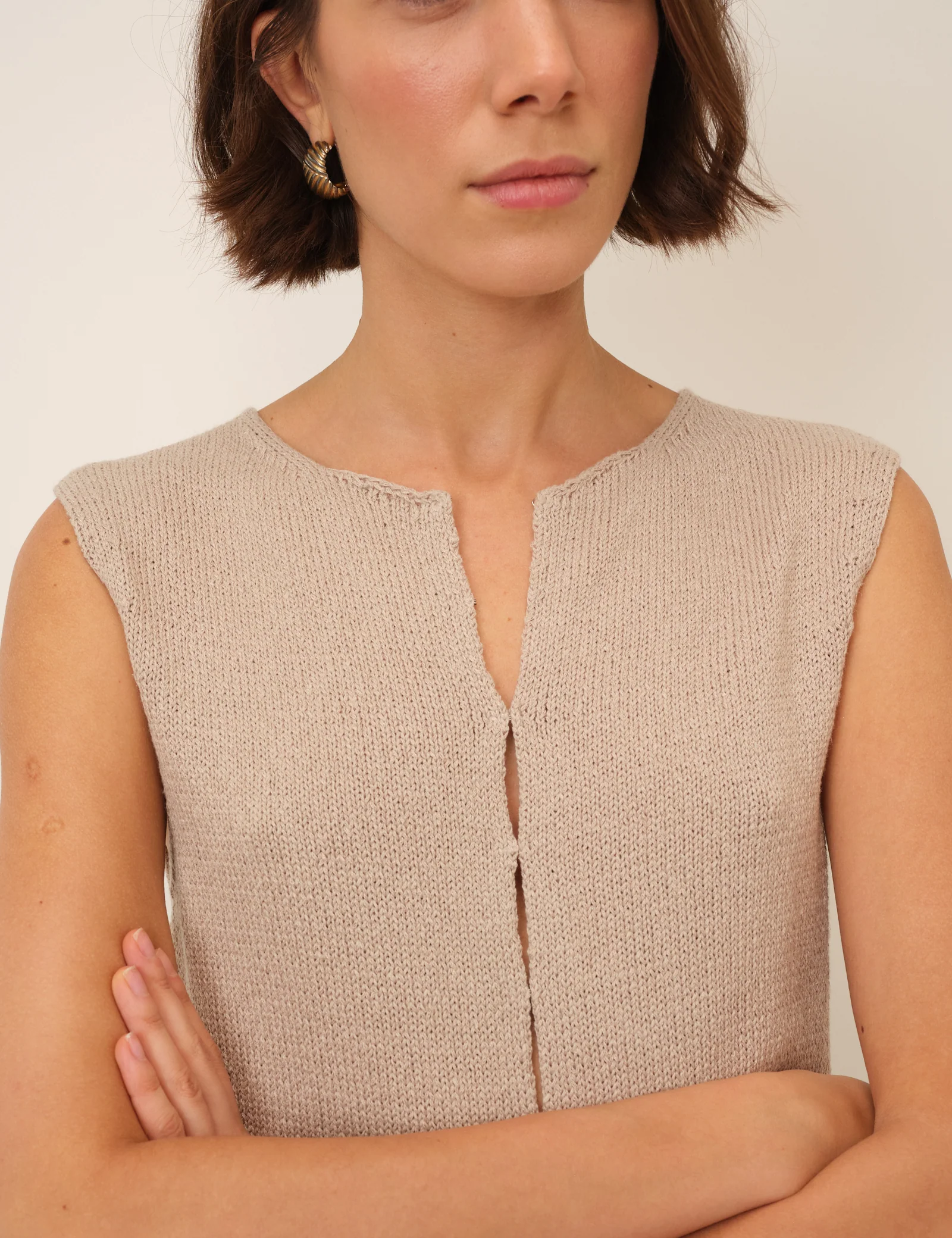 Beige Long Line Knitted Waistcoat - Image 3