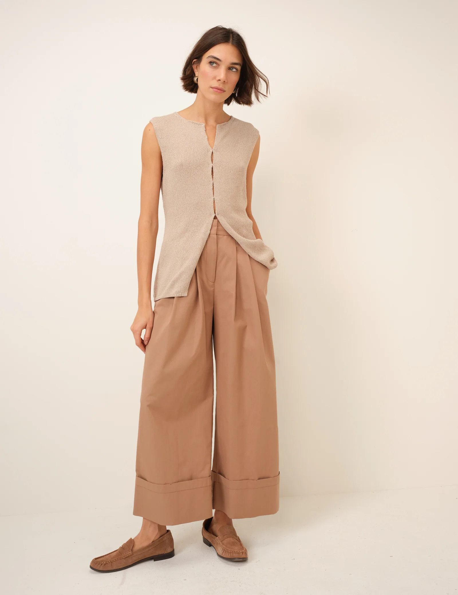 Beige Long Line Knitted Waistcoat - Image 4