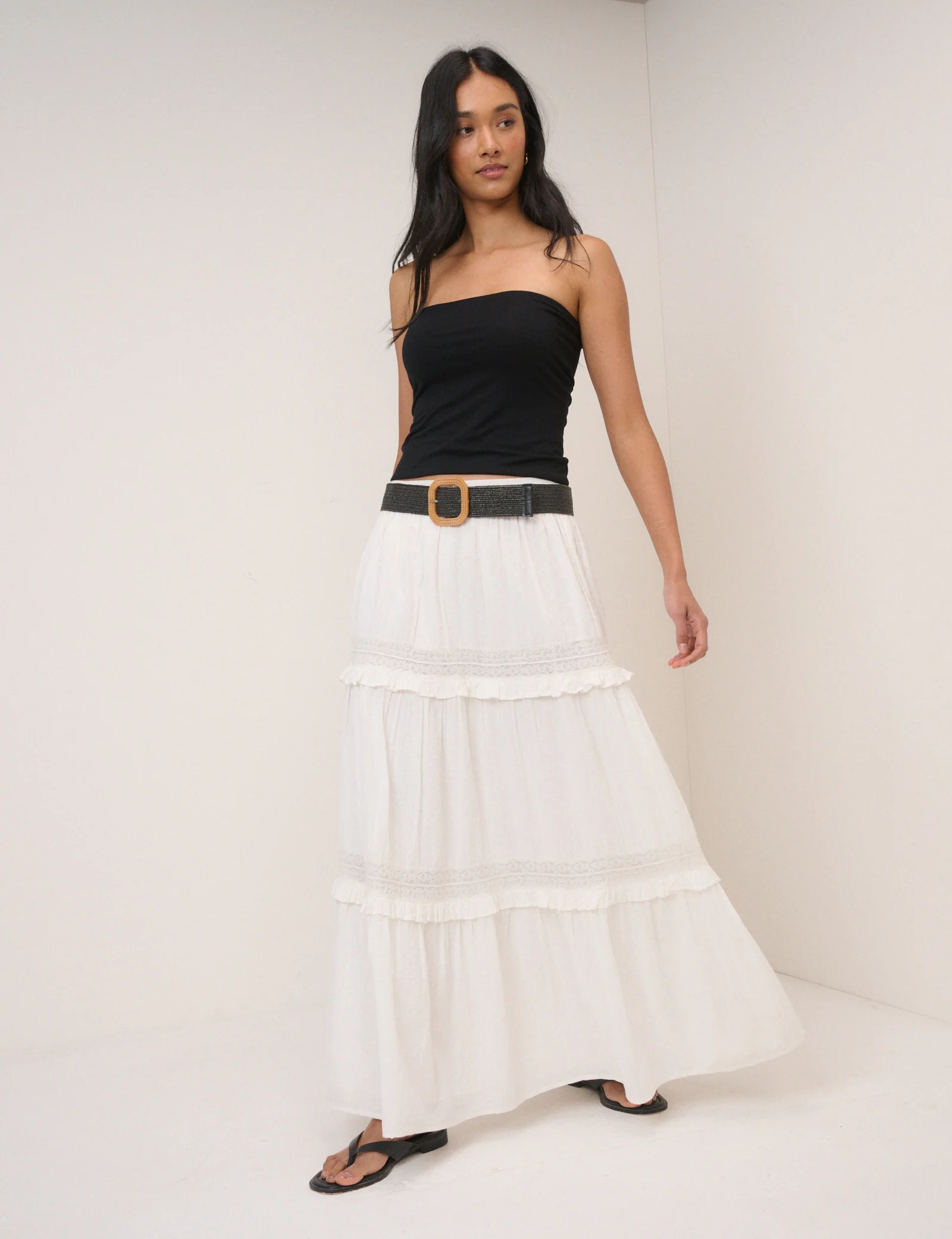 White Tiered Midi Skirt