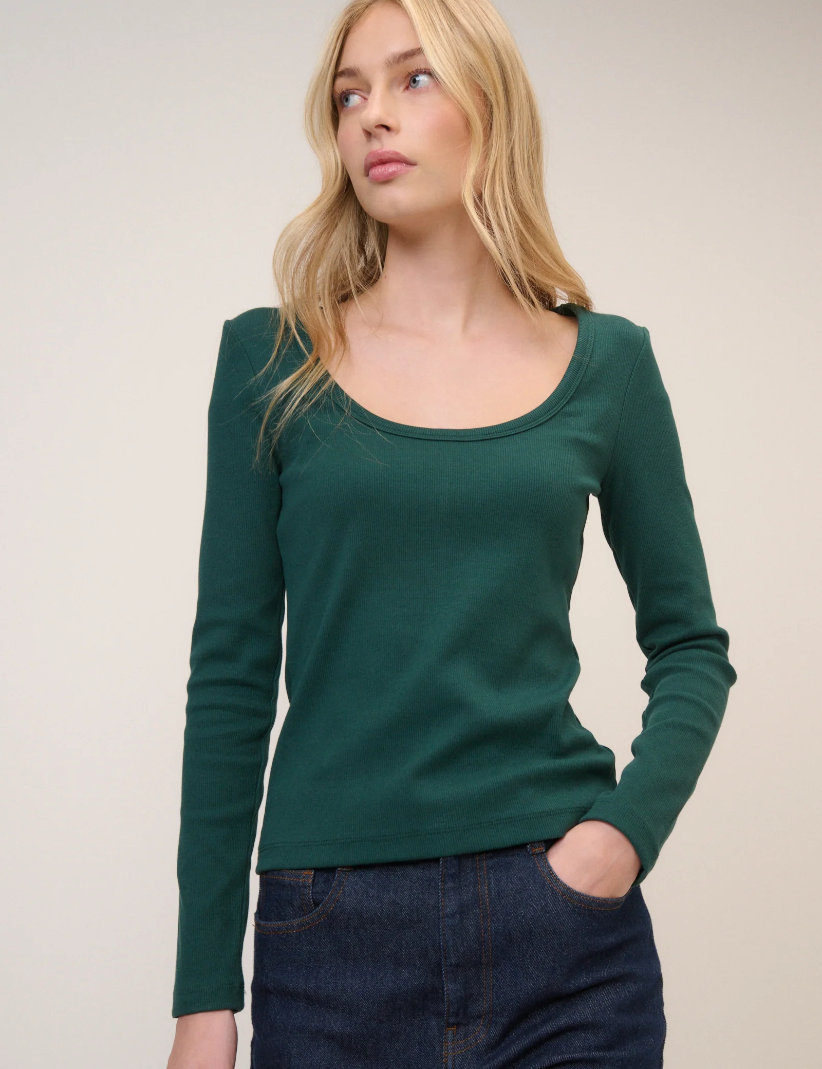 Green Scoop Neck Ribbed Jersey Top - Image 4