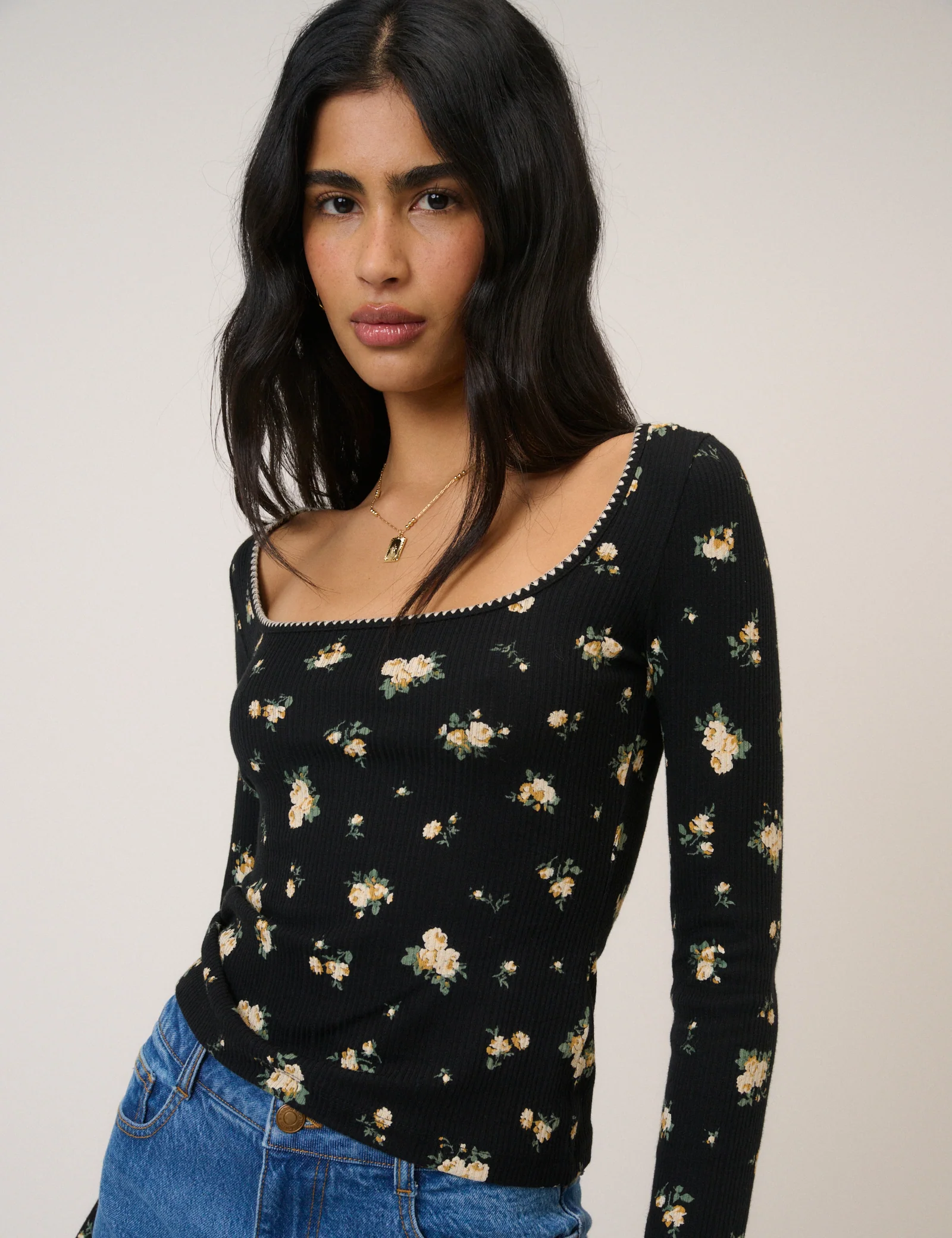 Black Floral Whipstitch Pointelle Scoop Neck Top - Image 4