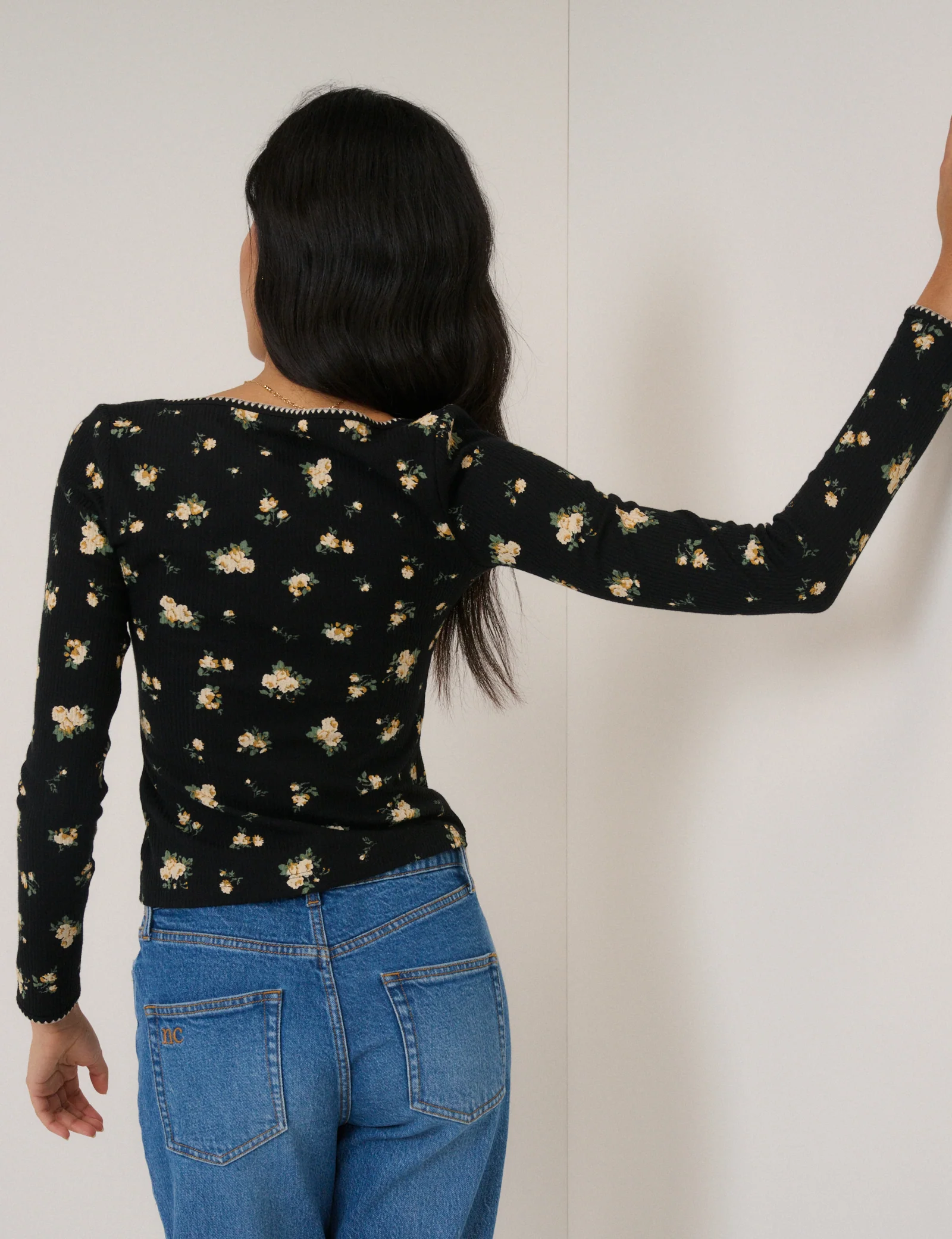 Black Floral Whipstitch Pointelle Scoop Neck Top - Image 5
