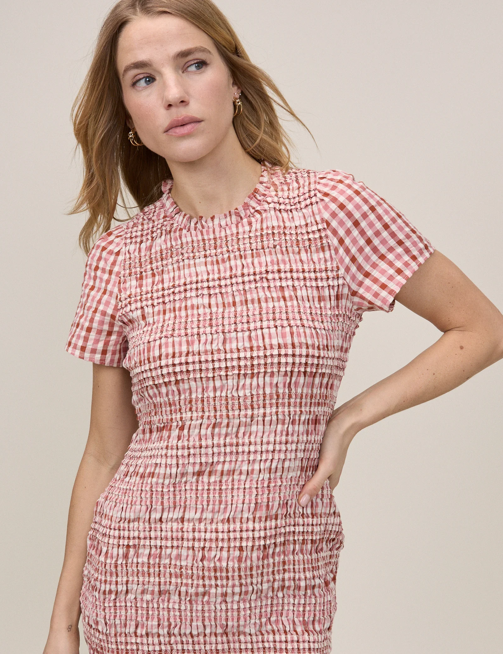 Pink Gingham Ruched Martha Mini Dress - Image 4