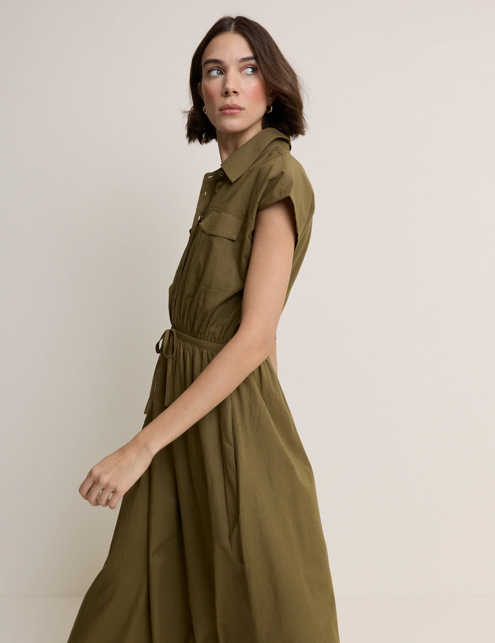Khaki Mason Shirt Midi Dress - Image 3