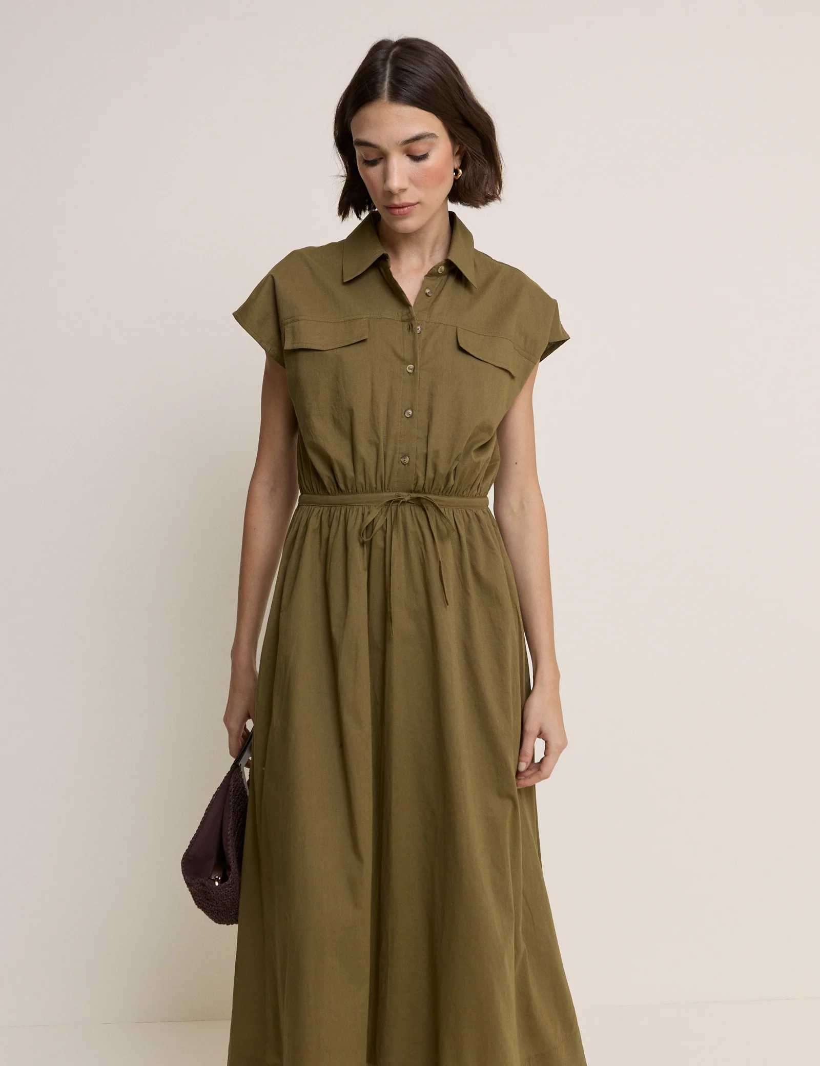 Khaki Mason Shirt Midi Dress - Image 5
