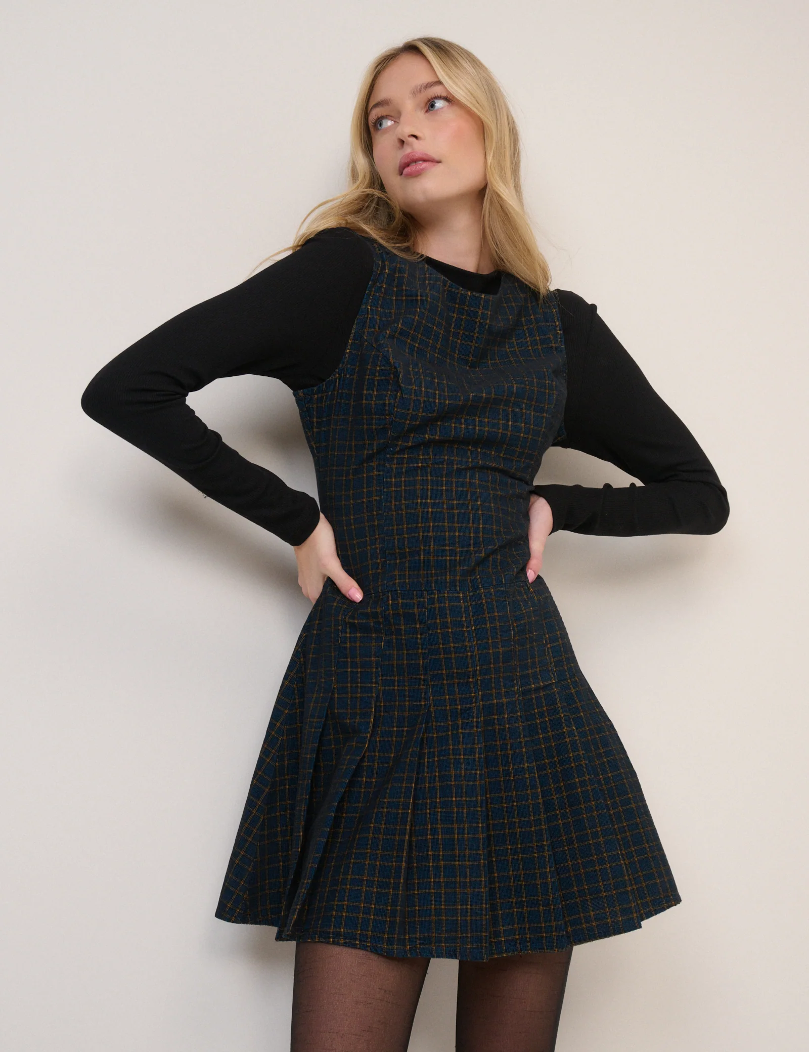 Navy Check Merida Mini Pinafore Dress - Image 3