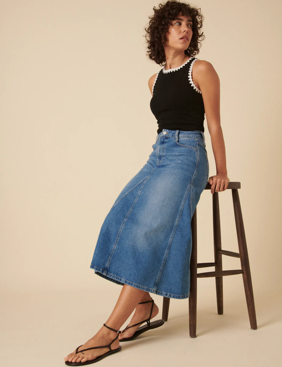 Mid Wash Denim A-line Midi Skirt - Image 3