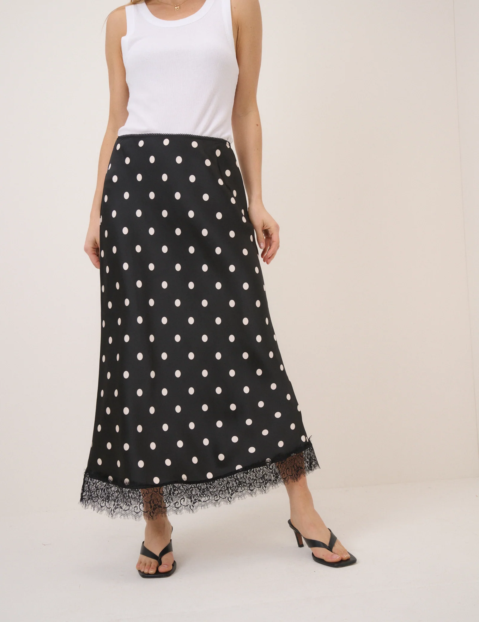 Black Polka Dot Lace Trim Mila Midi Skirt - Image 2