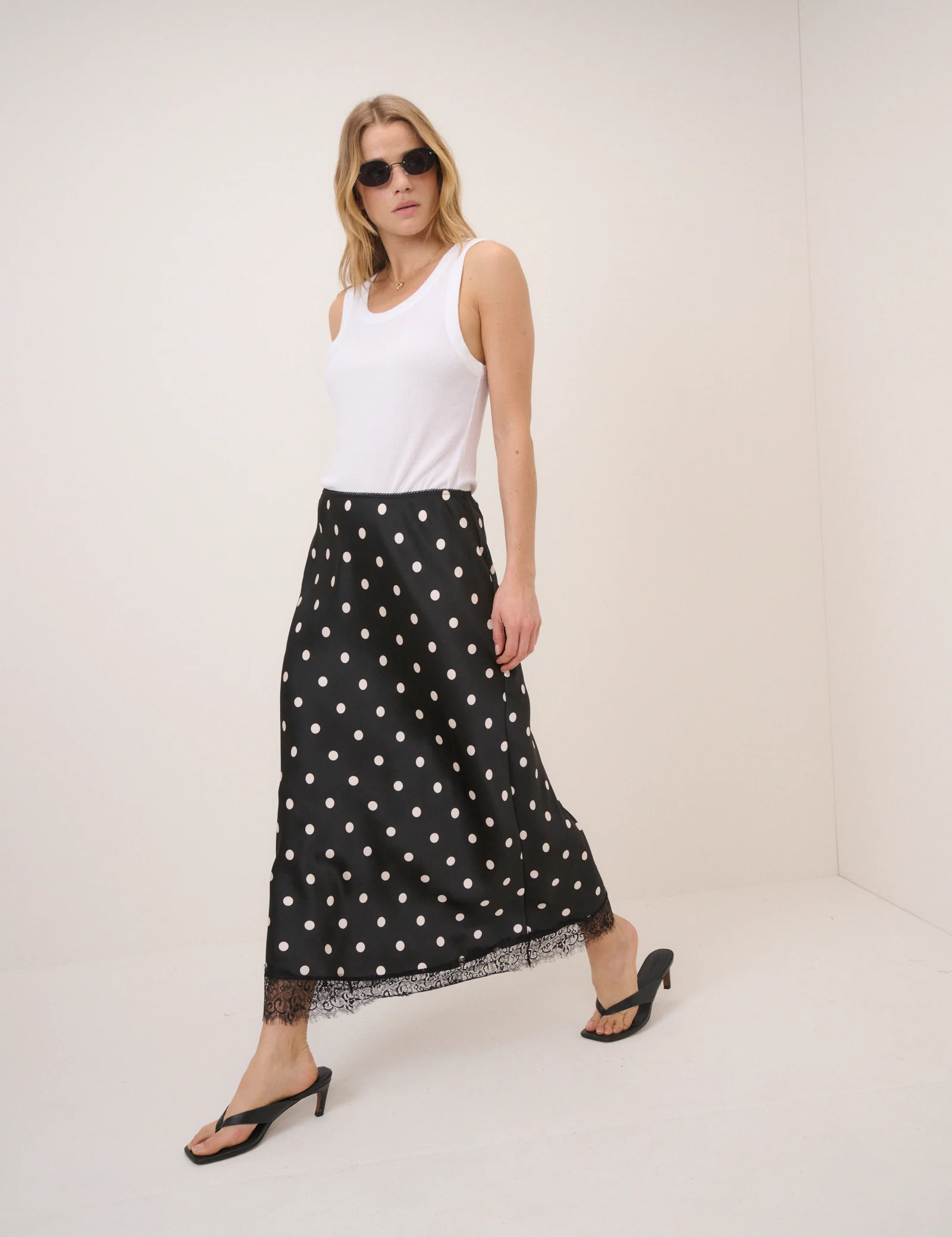 Black Polka Dot Lace Trim Mila Midi Skirt - Image 3