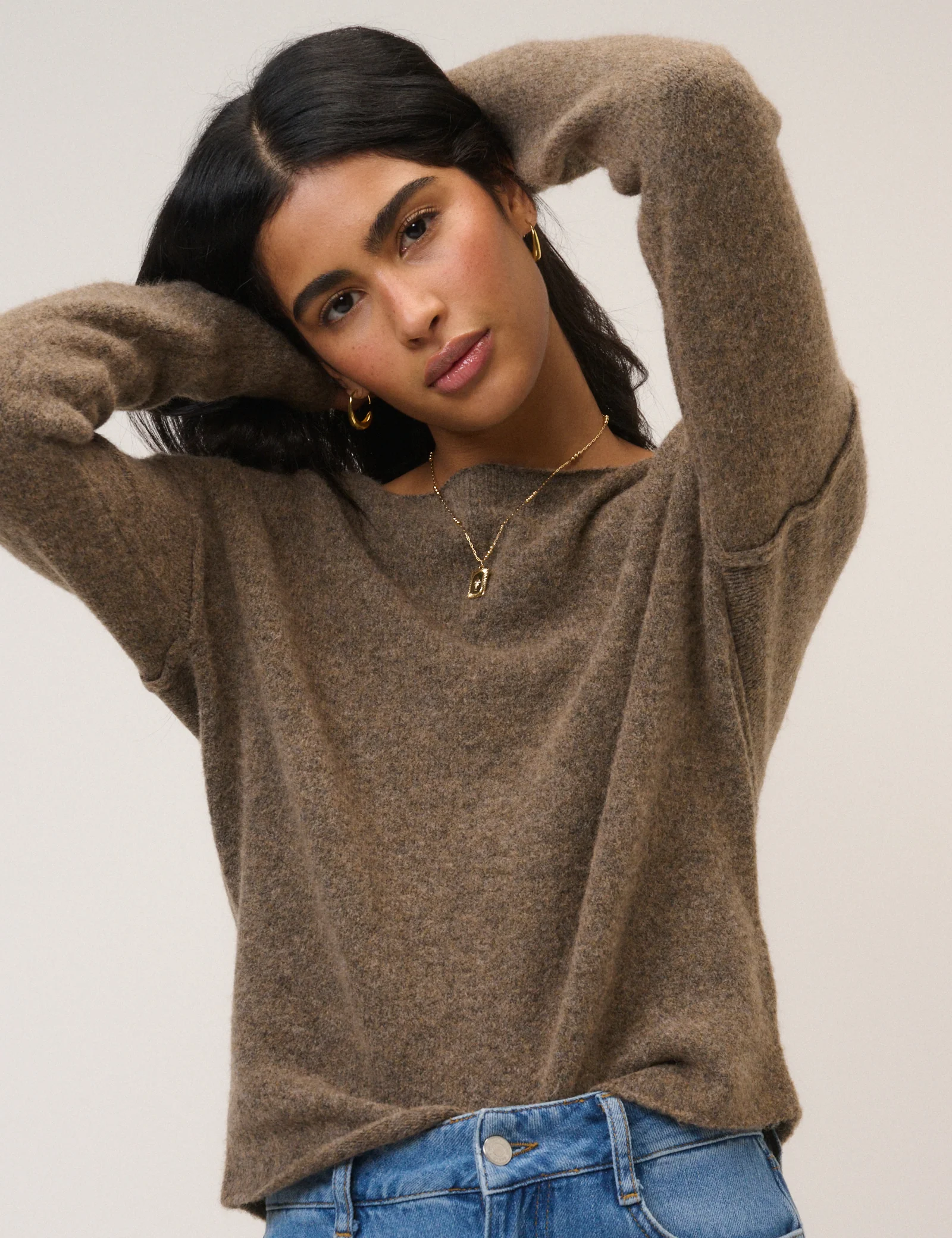 Brown Slash Neck Knitted Jumper
