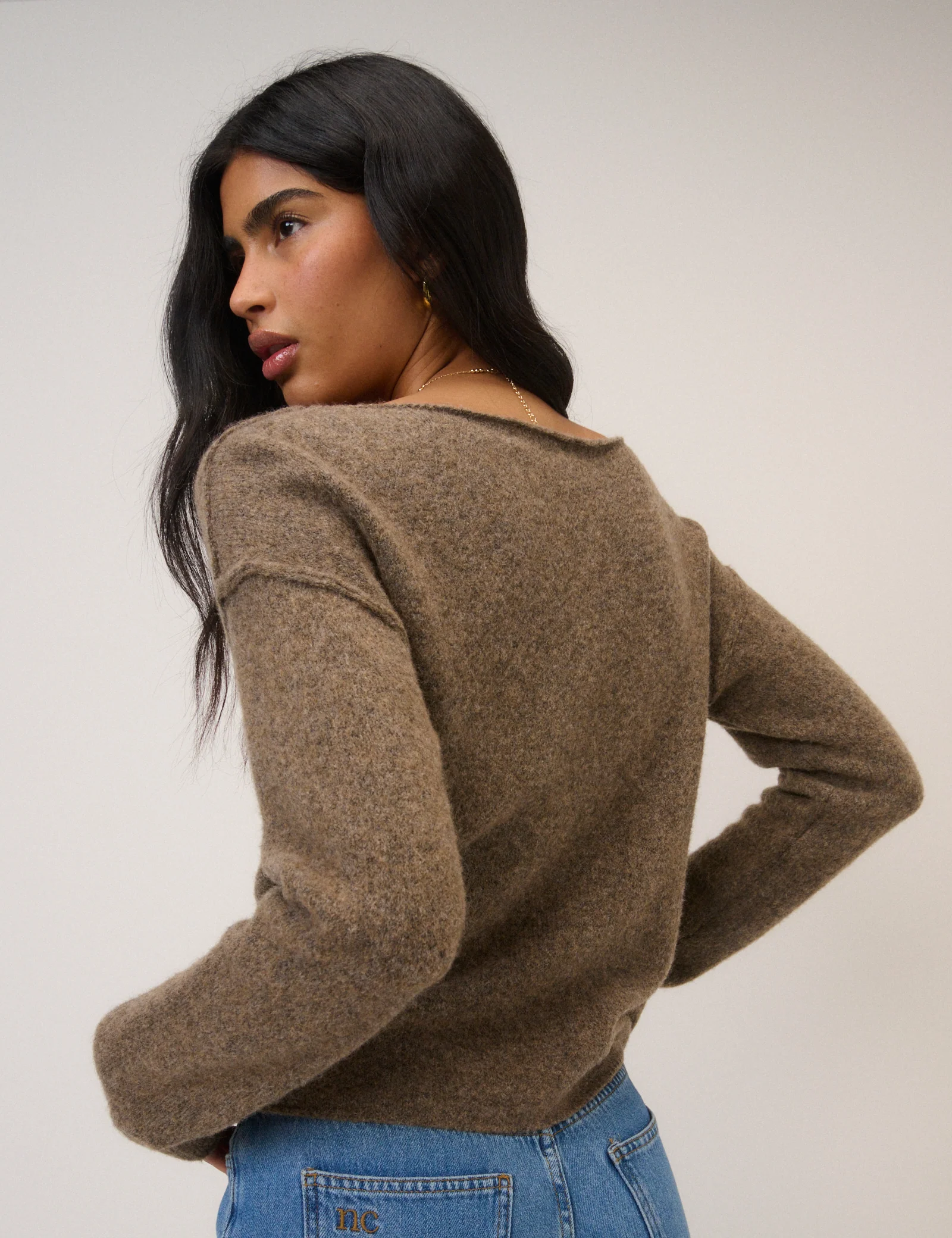 Brown Slash Neck Knitted Jumper - Image 6