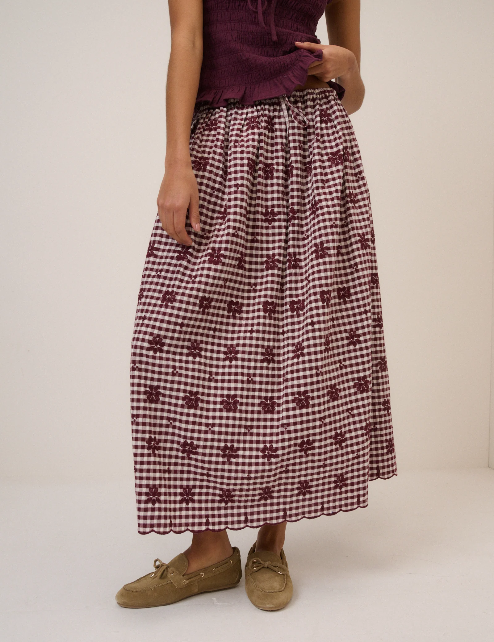 Burgundy Gingham Naples Midi Skirt - Image 2