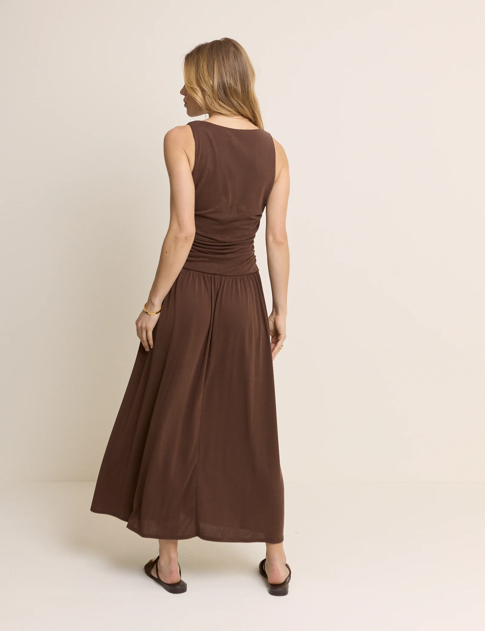 Brown Ruched Jersey Sleeveless Natalie Midi Dress - Image 5