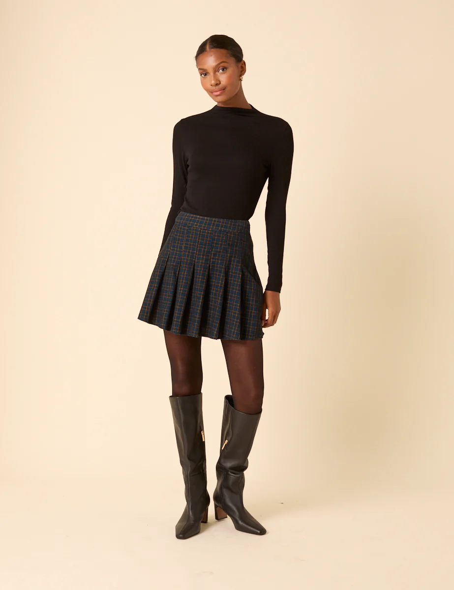 Navy Check Pleated Mini Skirt - Image 3