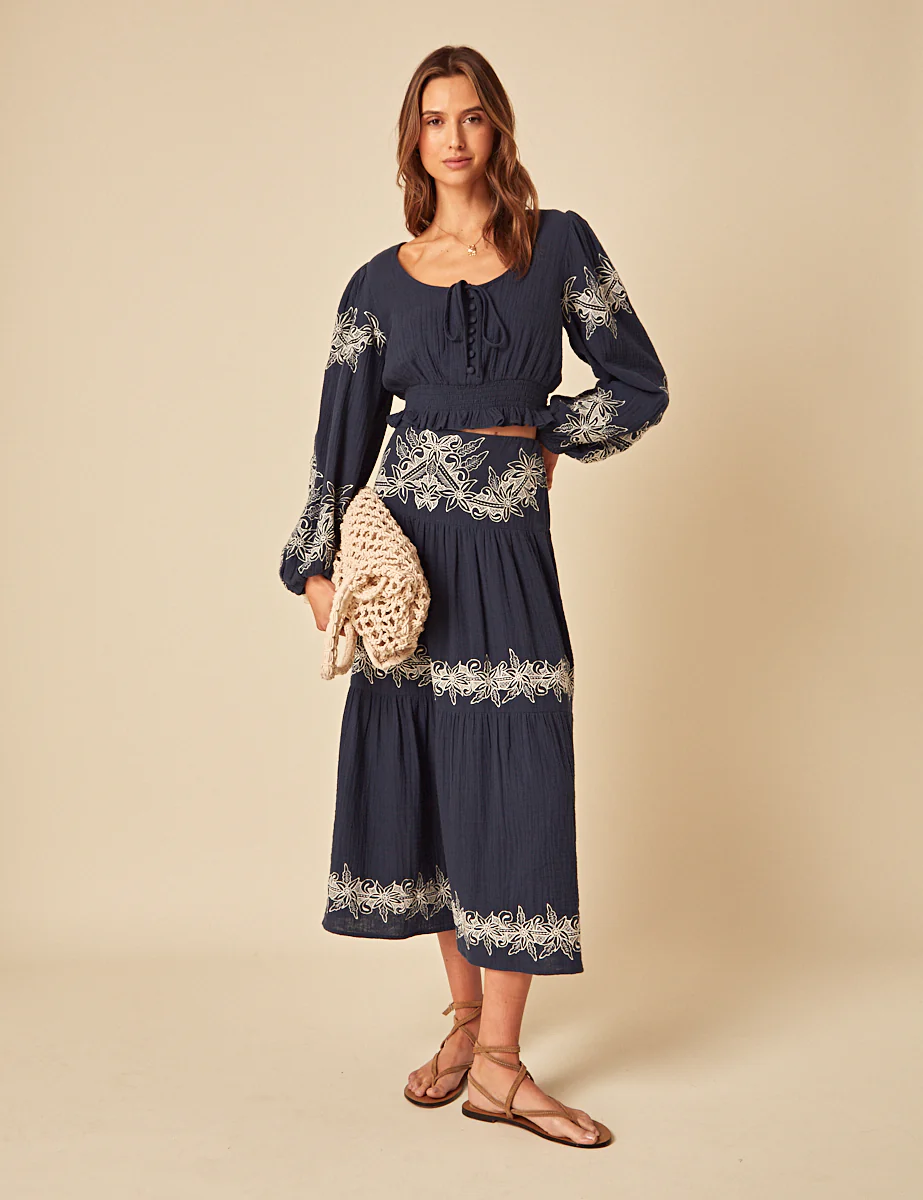 Navy Embroidered Midi Skirt - Image 3