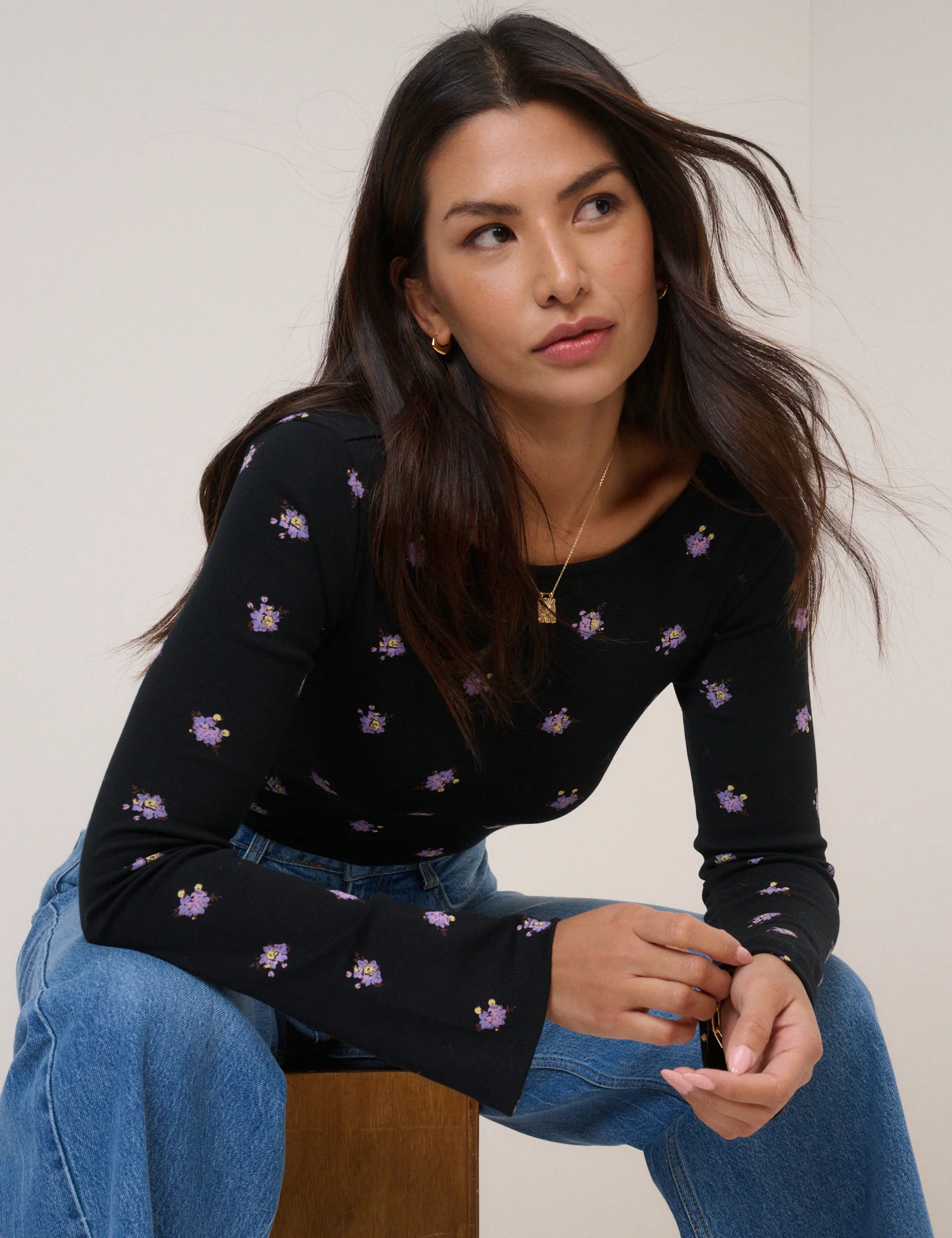 Black Floral Printed Flute Sleeve Top - Image 3
