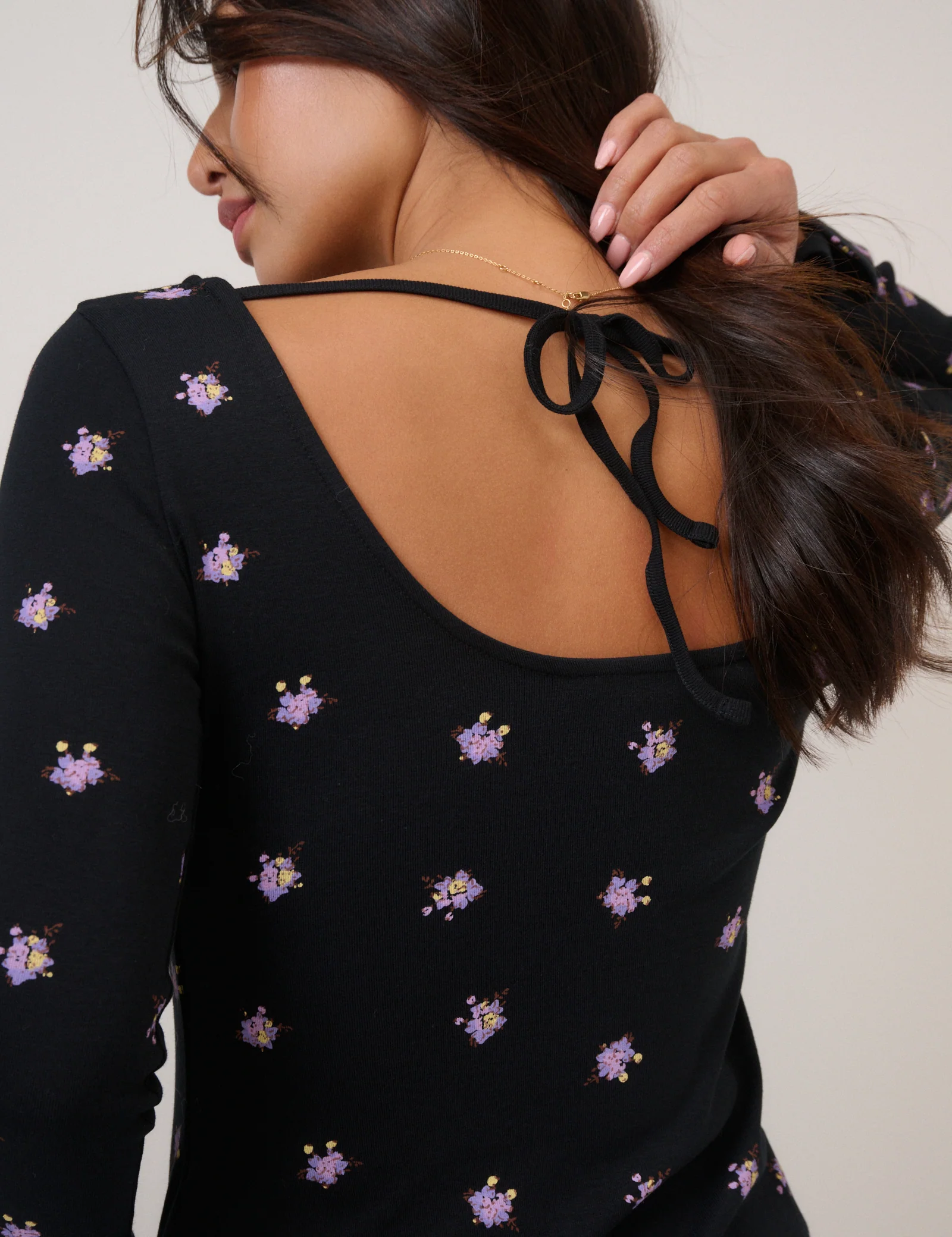 Black Floral Printed Flute Sleeve Top - Image 5