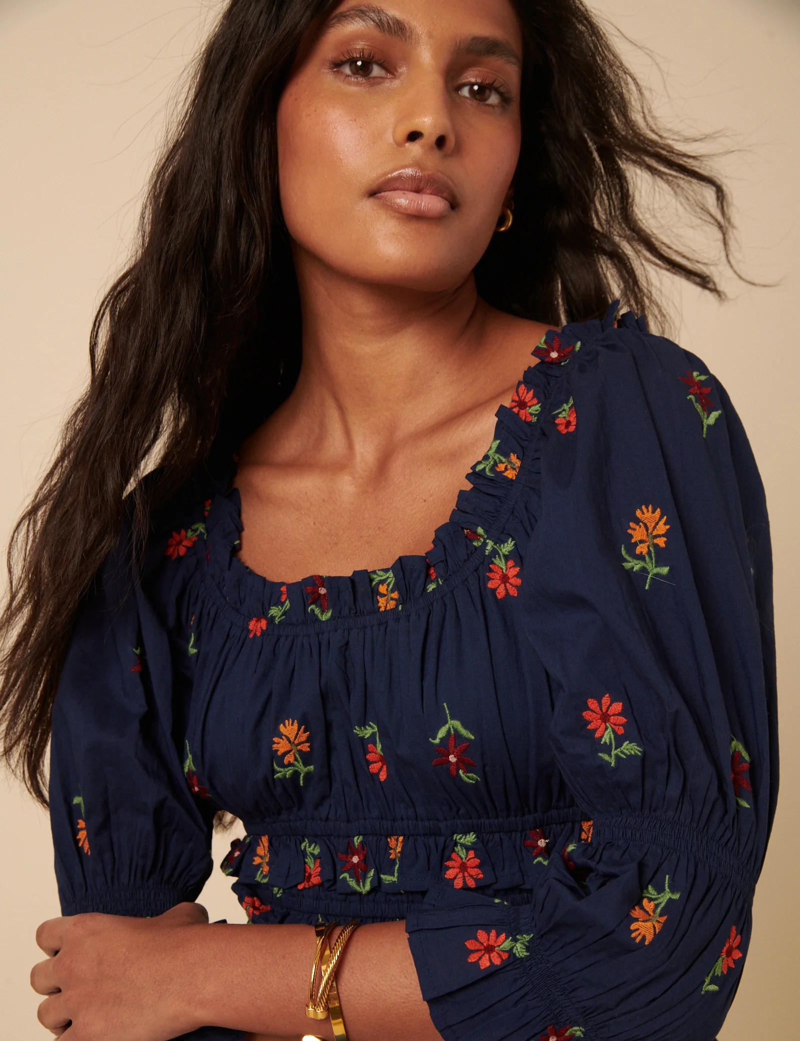 Navy Floral Embroidered Shirred Top - Image 2