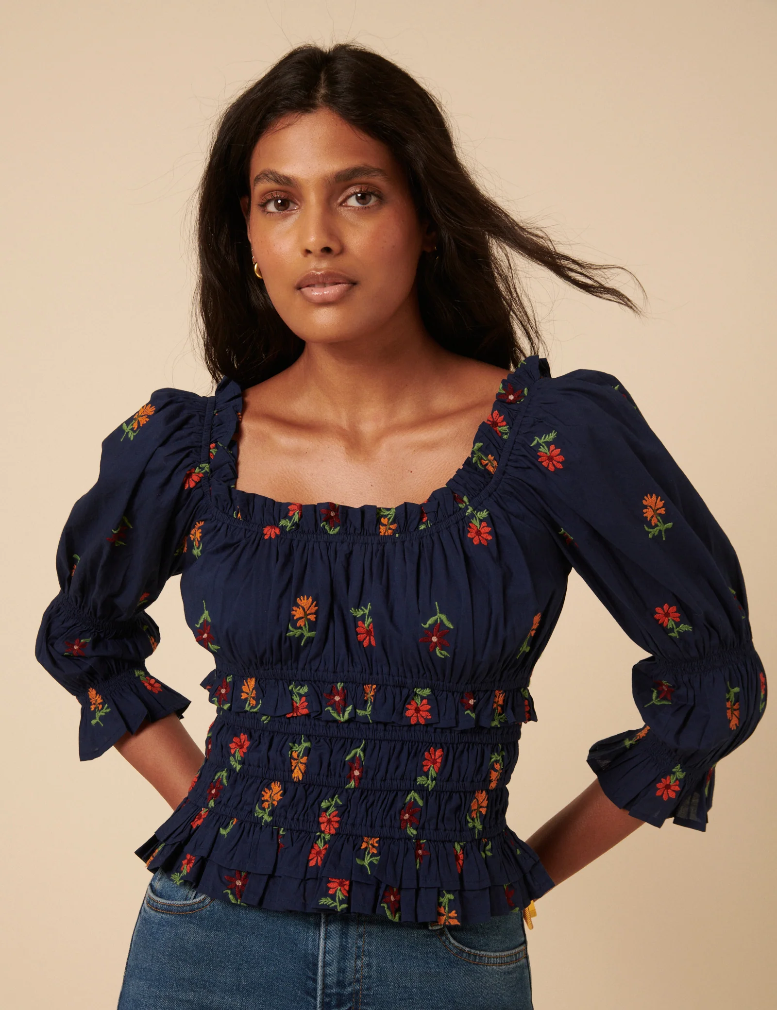 Navy Floral Embroidered Shirred Top - Image 3