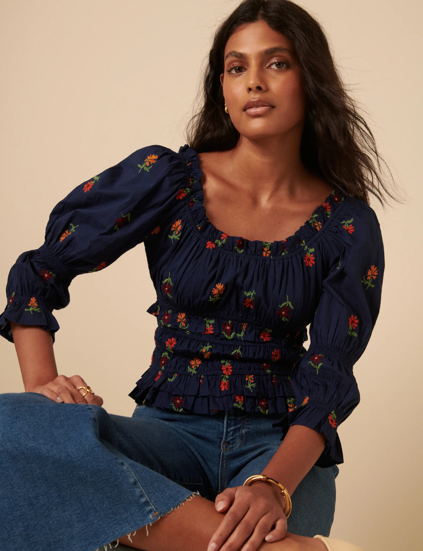 Navy Floral Embroidered Shirred Top - Image 4