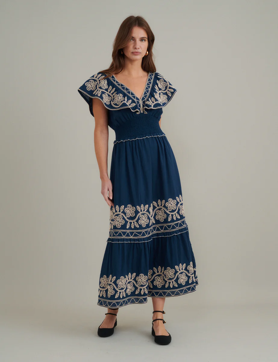 Navy Floral Embroidered Tiered Suzie Midi Dress - Image 3