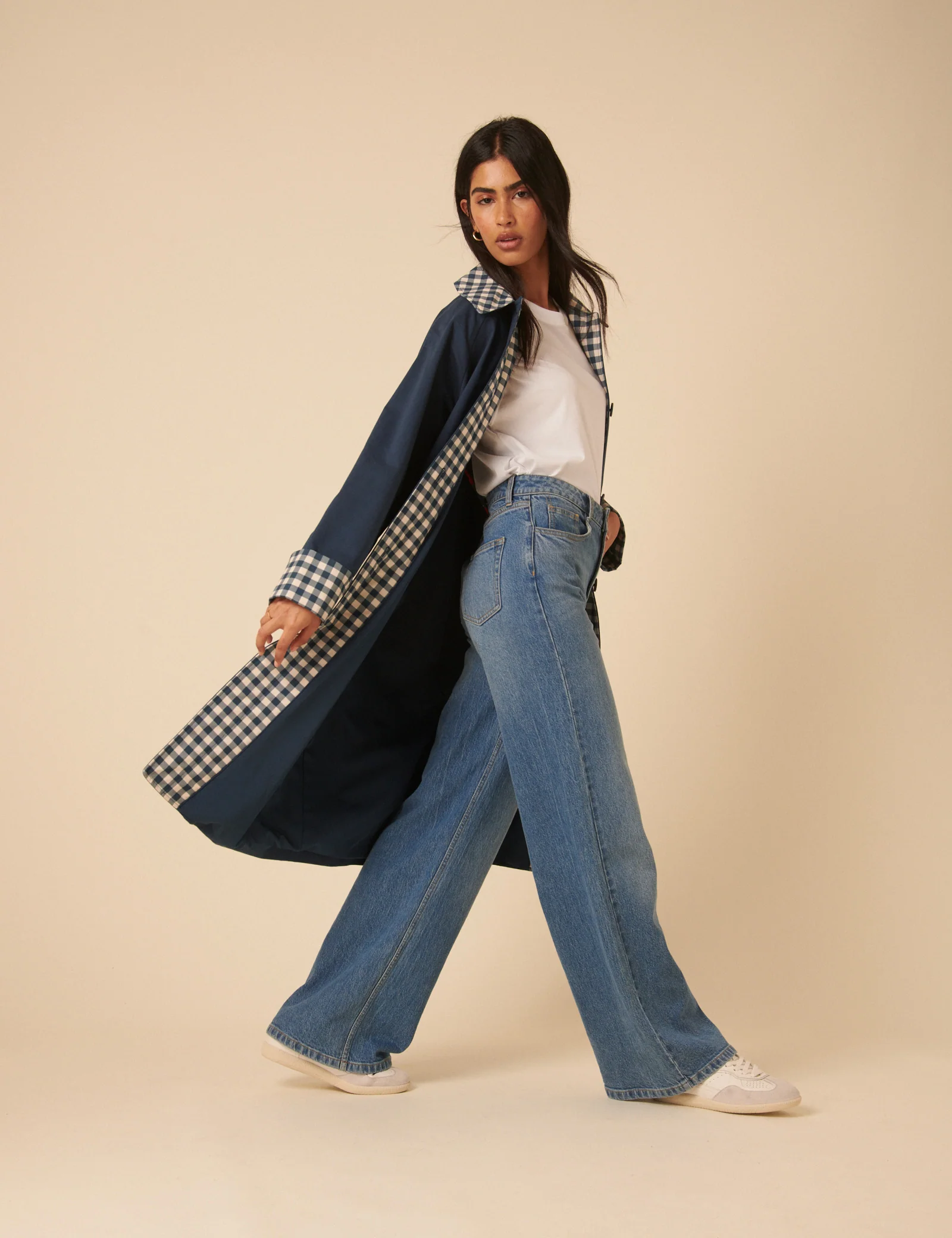 Navy Gingham Trim Trench Coat - Image 2