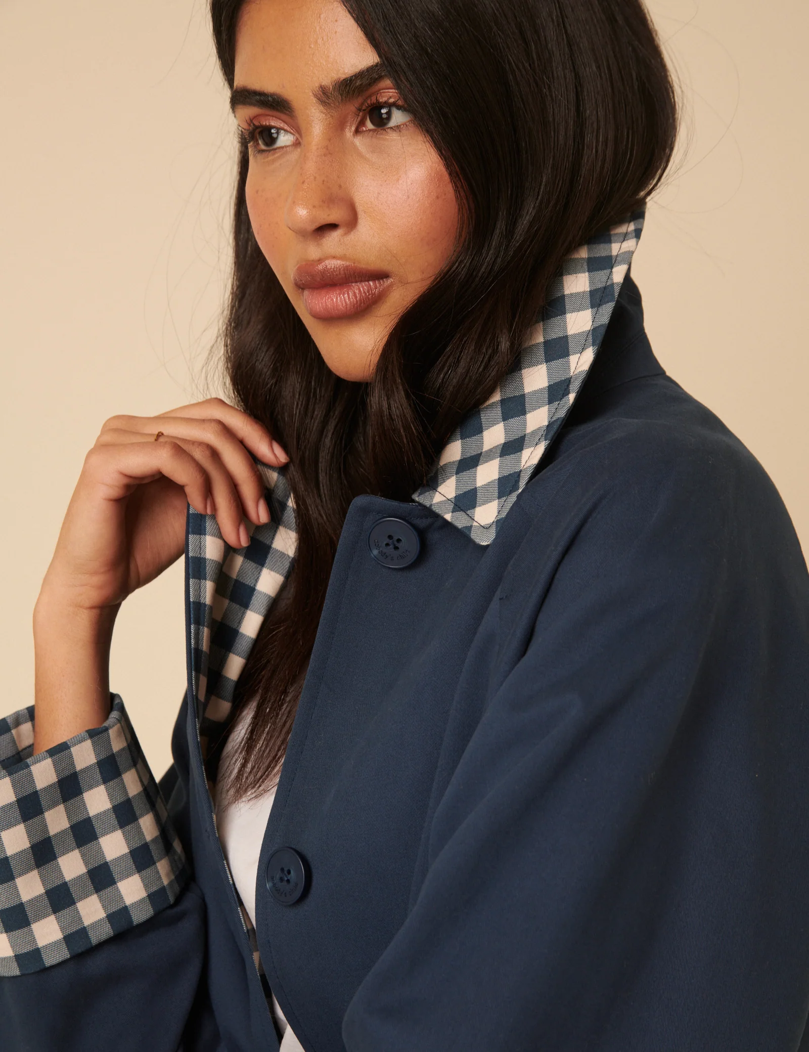 Navy Gingham Trim Trench Coat - Image 4