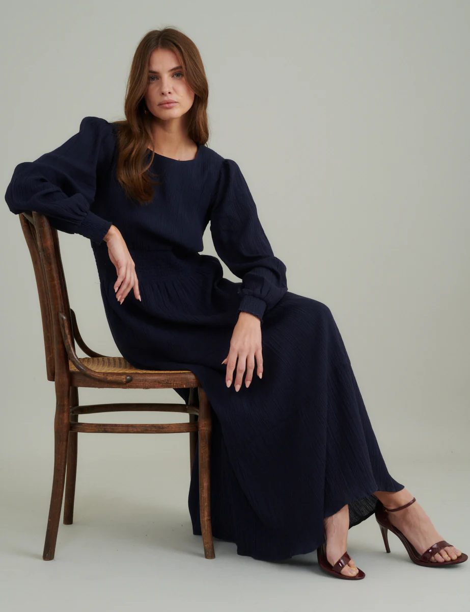 Navy Ruched Long Sleeve Nel Midi Dress - Image 4