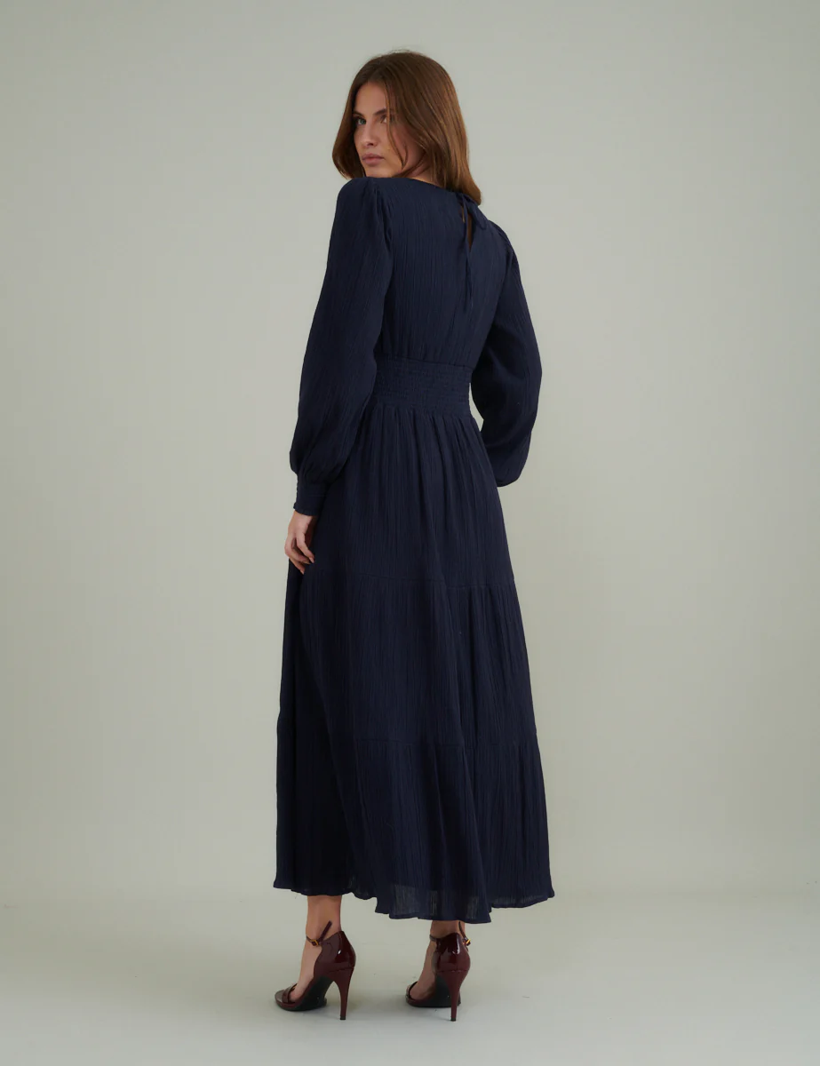 Navy Ruched Long Sleeve Nel Midi Dress - Image 5