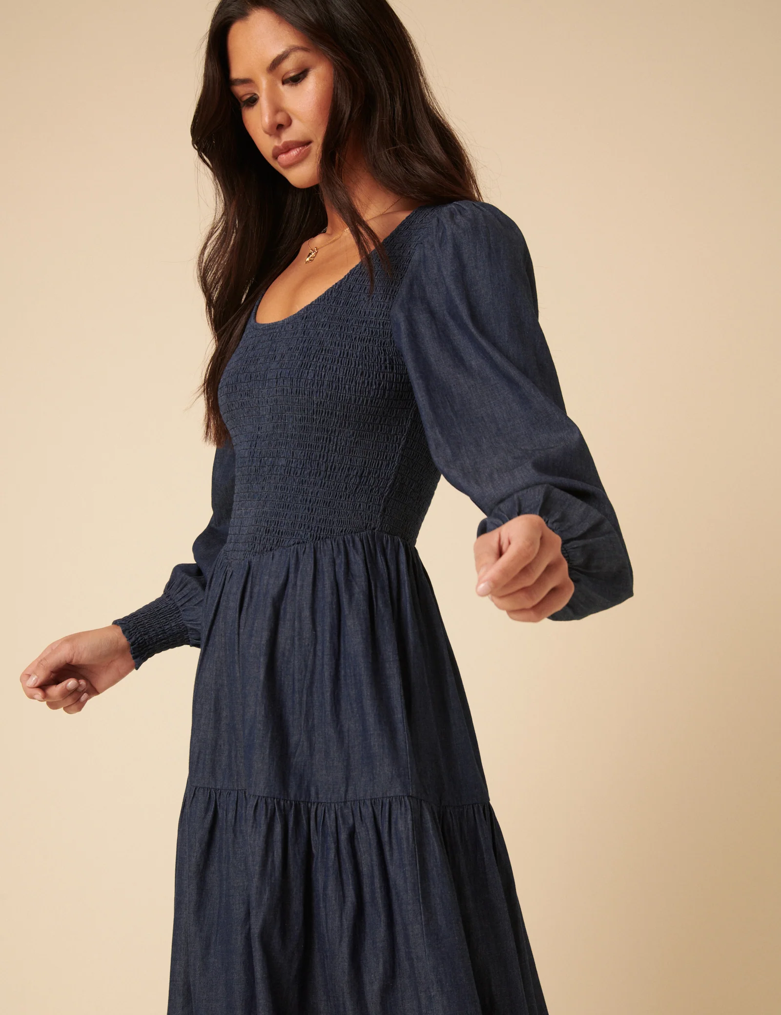 Dark Blue Denim Shirred Tiered Lilly Midi Dress - Image 2