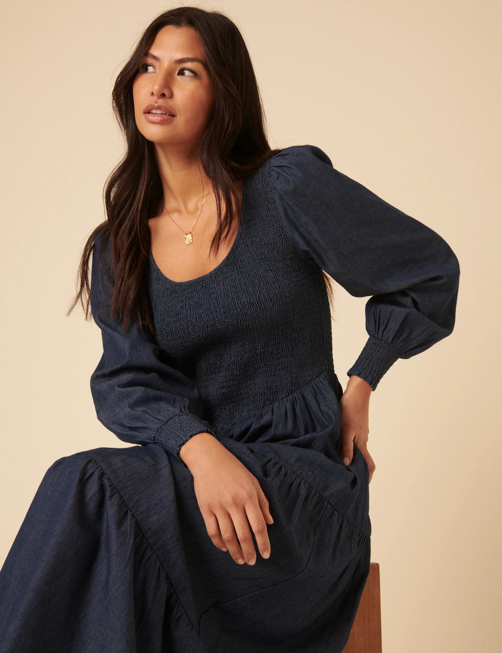 Dark Blue Denim Shirred Tiered Lilly Midi Dress - Image 3
