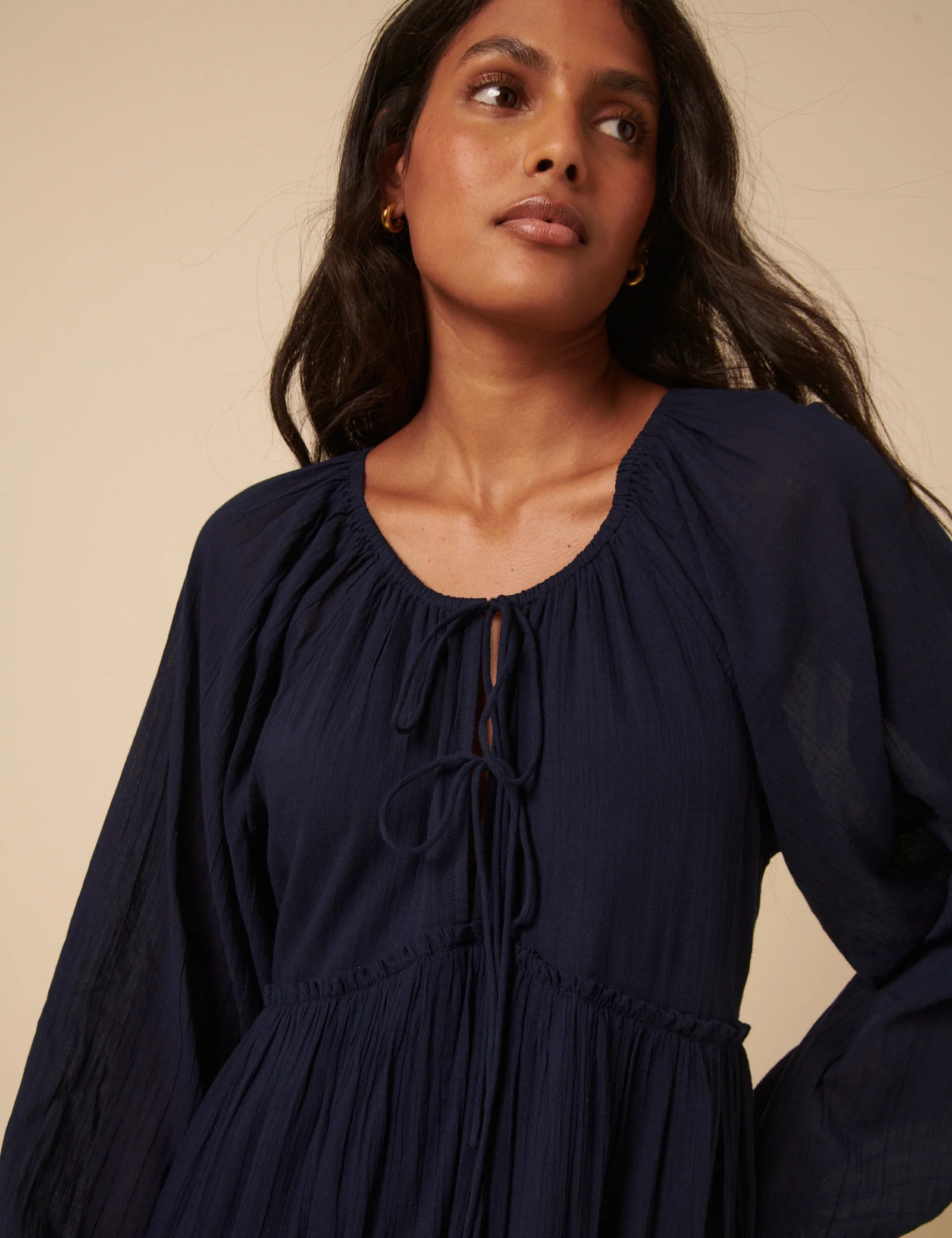 Navy Tie Front Tiered Adley Midi Dress - Image 3