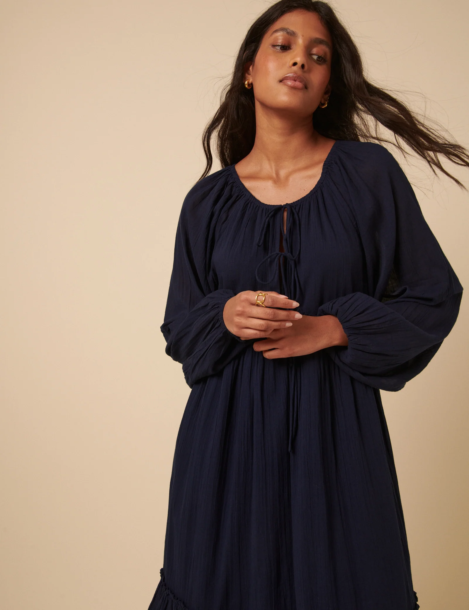 Navy Tie Front Tiered Adley Midi Dress - Image 4
