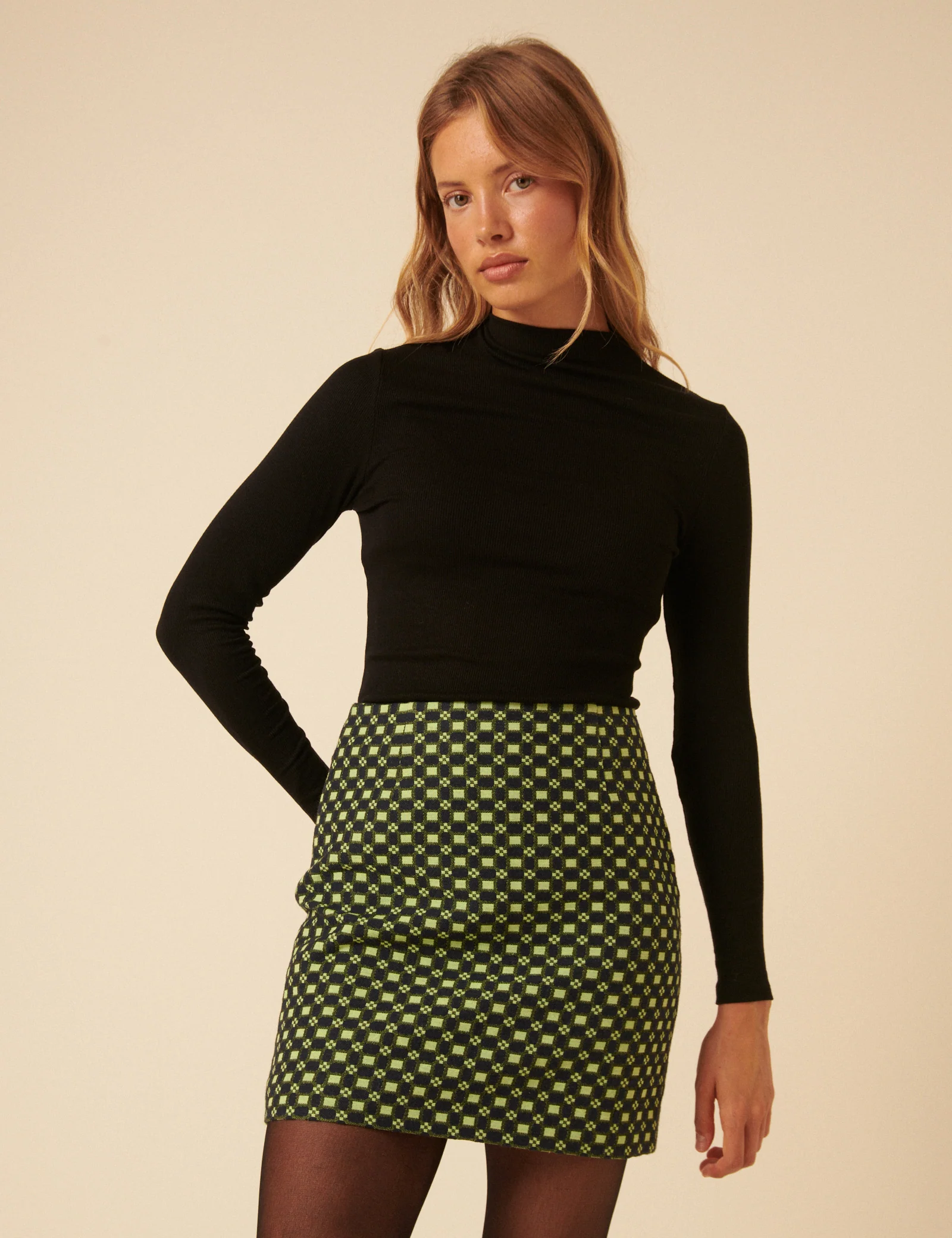 NC x Lisou Black and Lime Green Jacquard Checkerboard Mini Skirt - Image 4