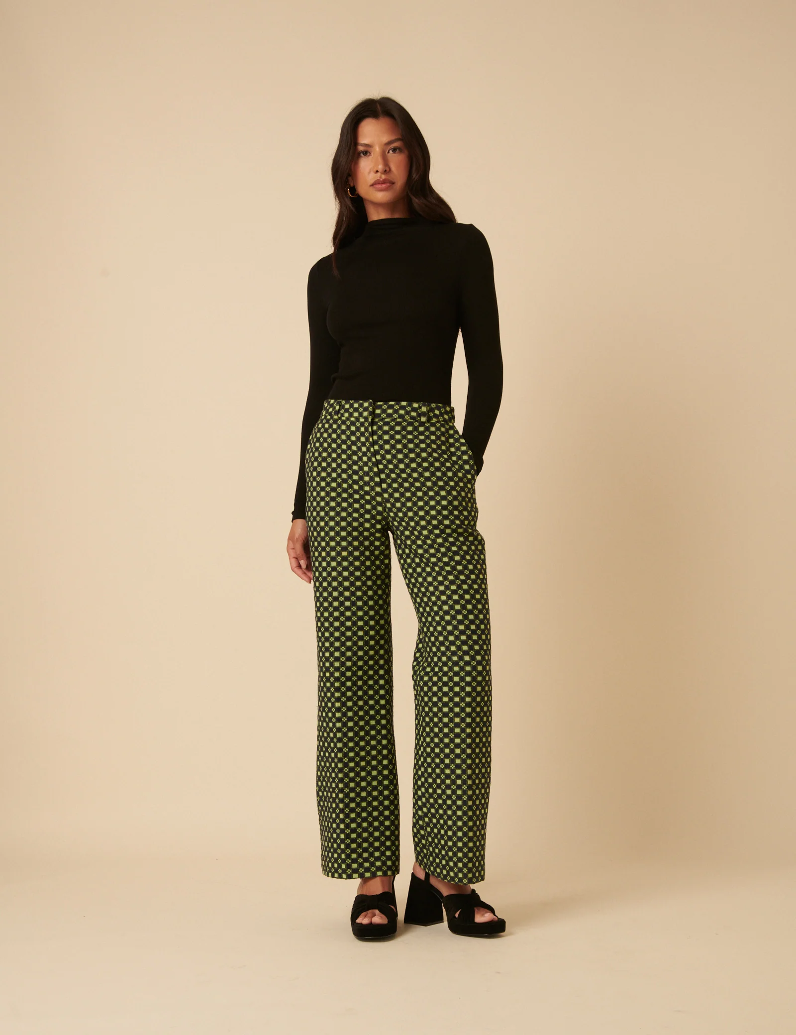 NC x Lisou Black and Lime Green Jacquard Checkerboard Tailored Trousers - Image 3
