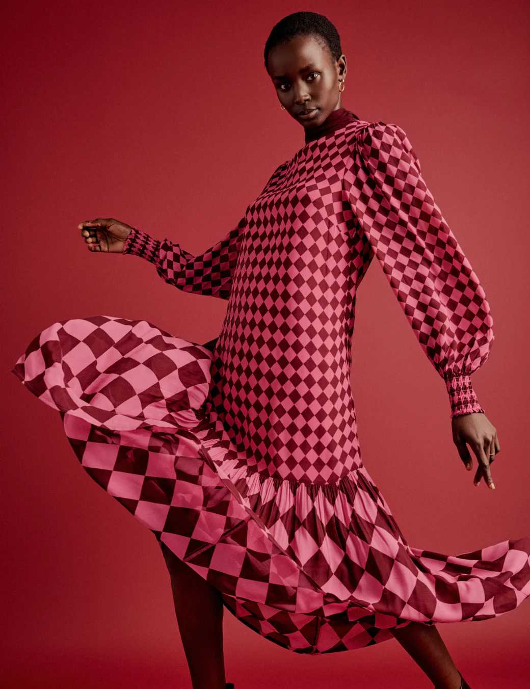 NC x Lisou Burgundy and Pink Printed Scarf Tiered Maxi Dress