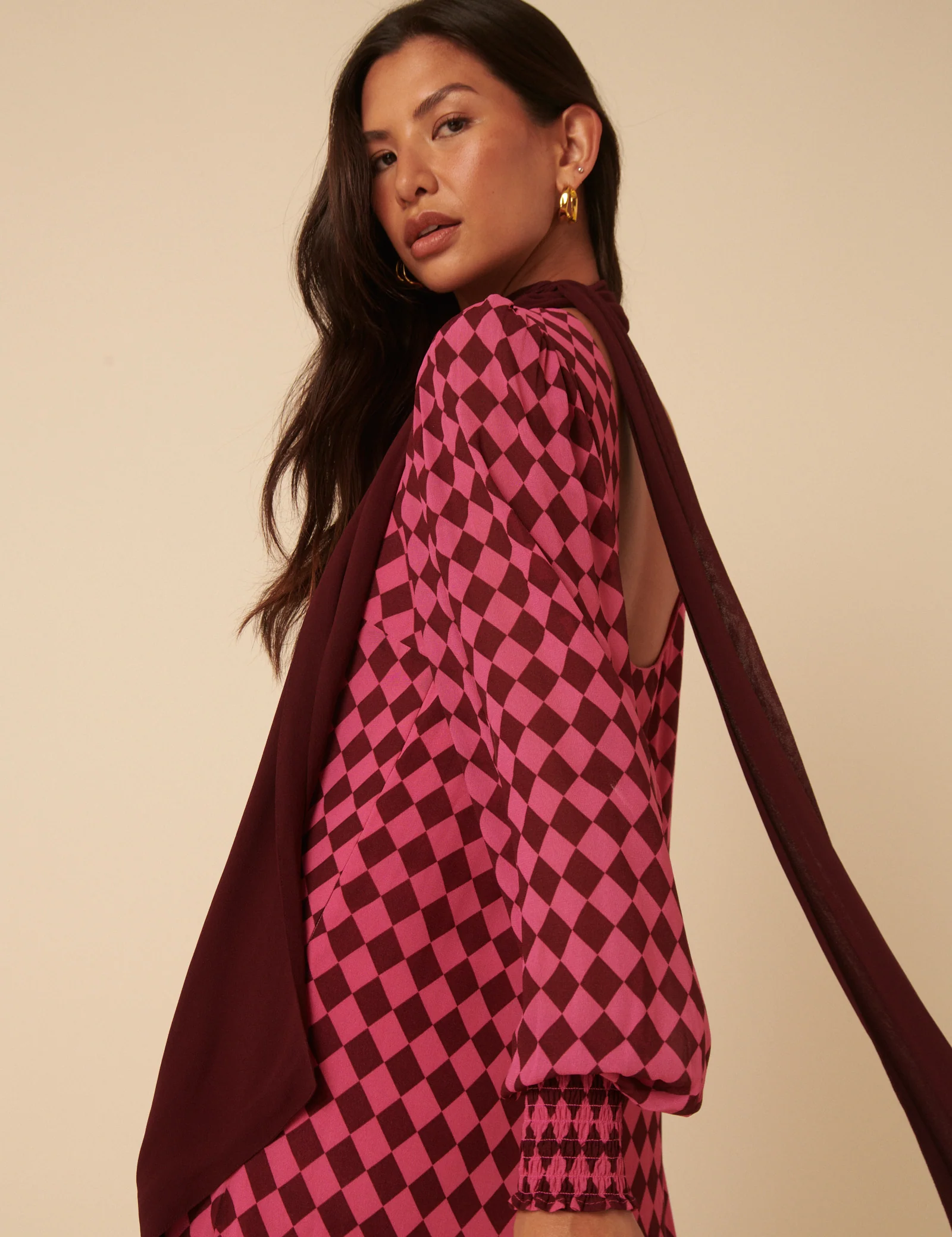 NC x Lisou Burgundy and Pink Printed Scarf Tiered Maxi Dress - Image 2