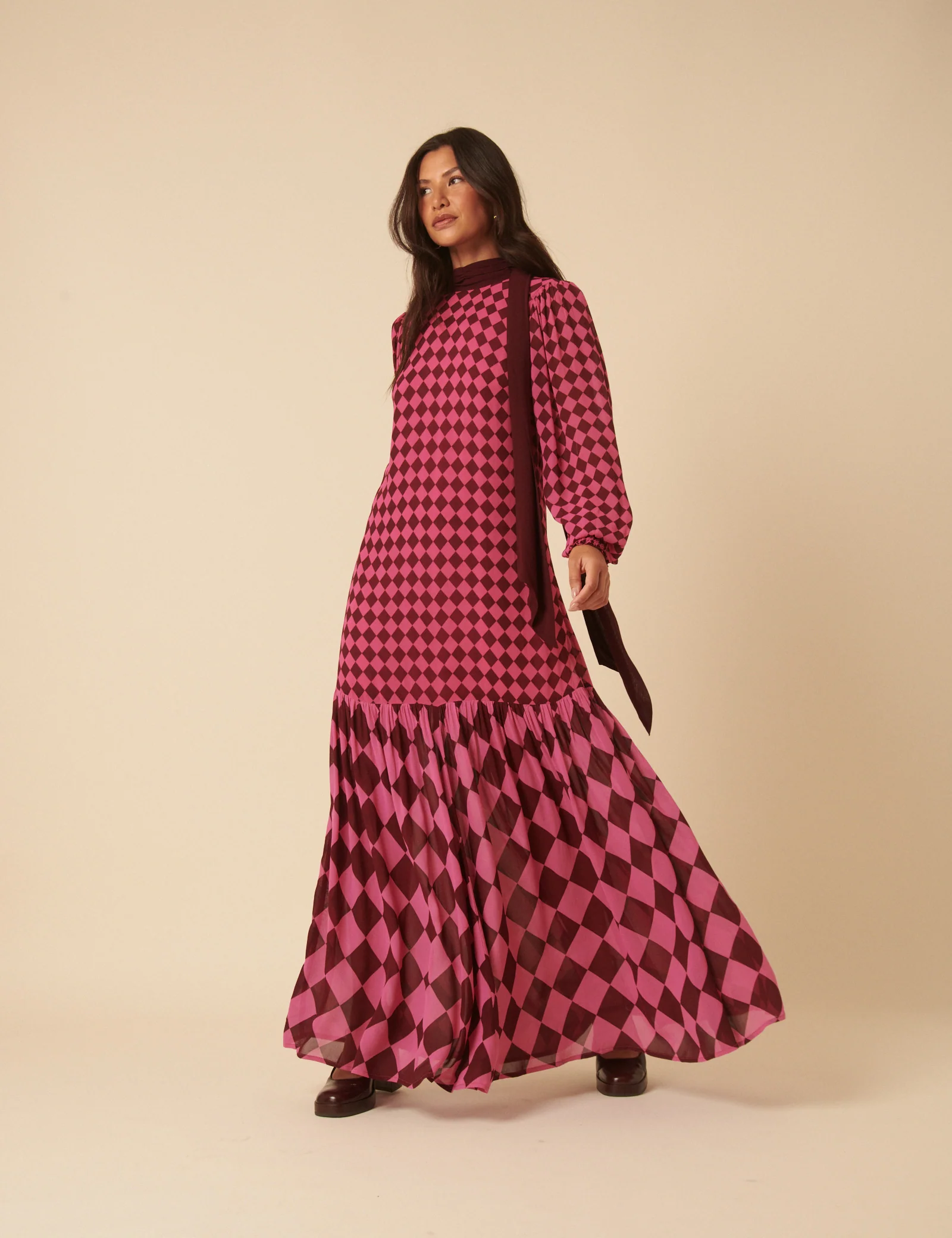 NC x Lisou Burgundy and Pink Printed Scarf Tiered Maxi Dress - Image 6