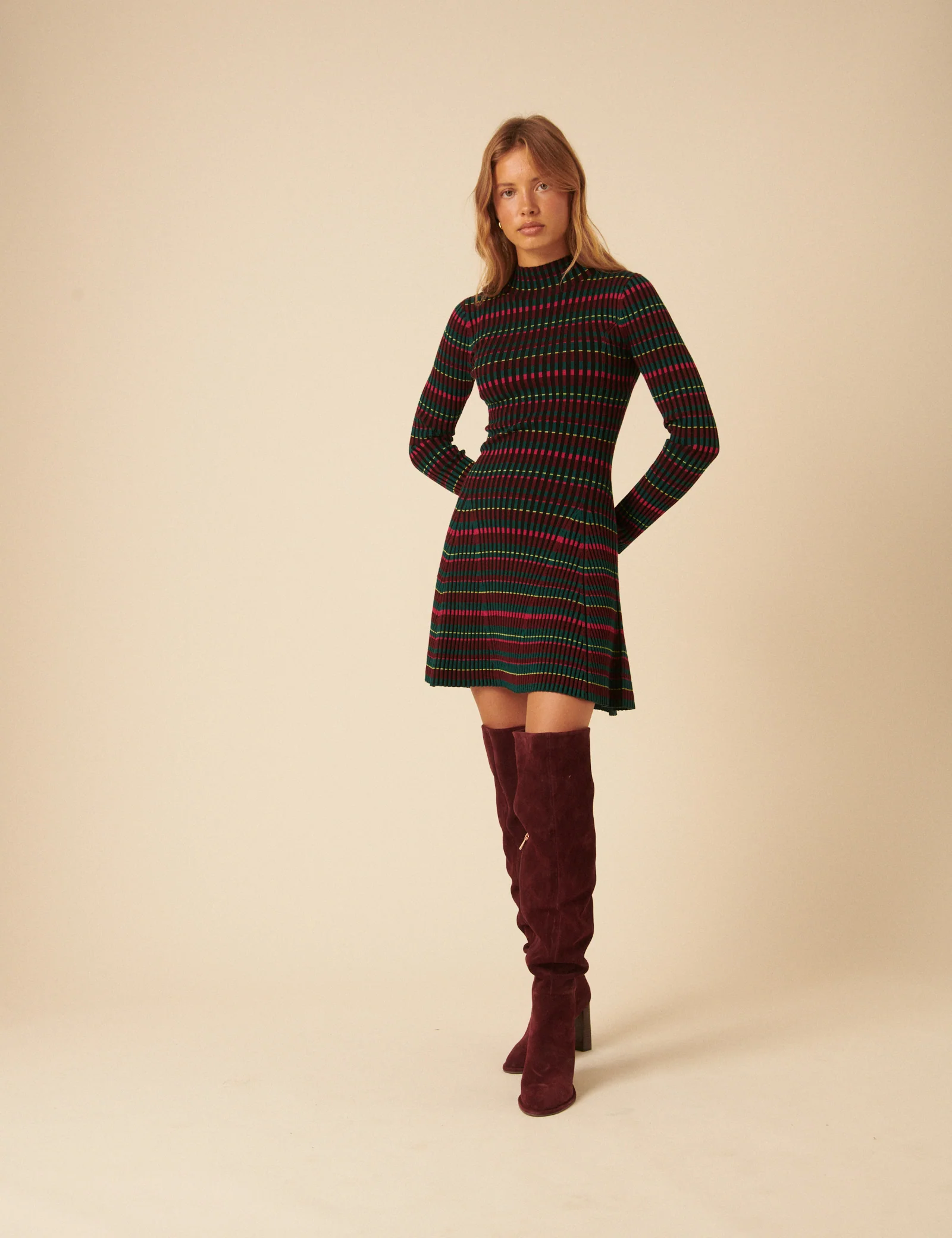 NC x Lisou Burgundy Striped Knitted Pleated Mini Dress - Image 3