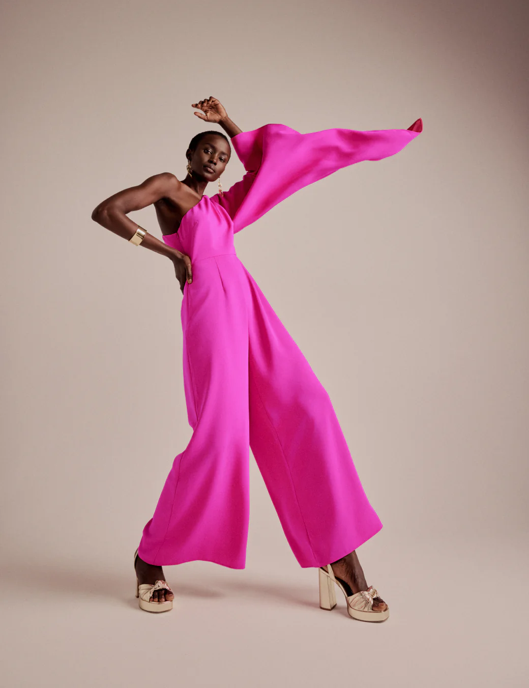 NC x Lisou Pink Crepe One Shoulder Jay Draped Jumpsuit