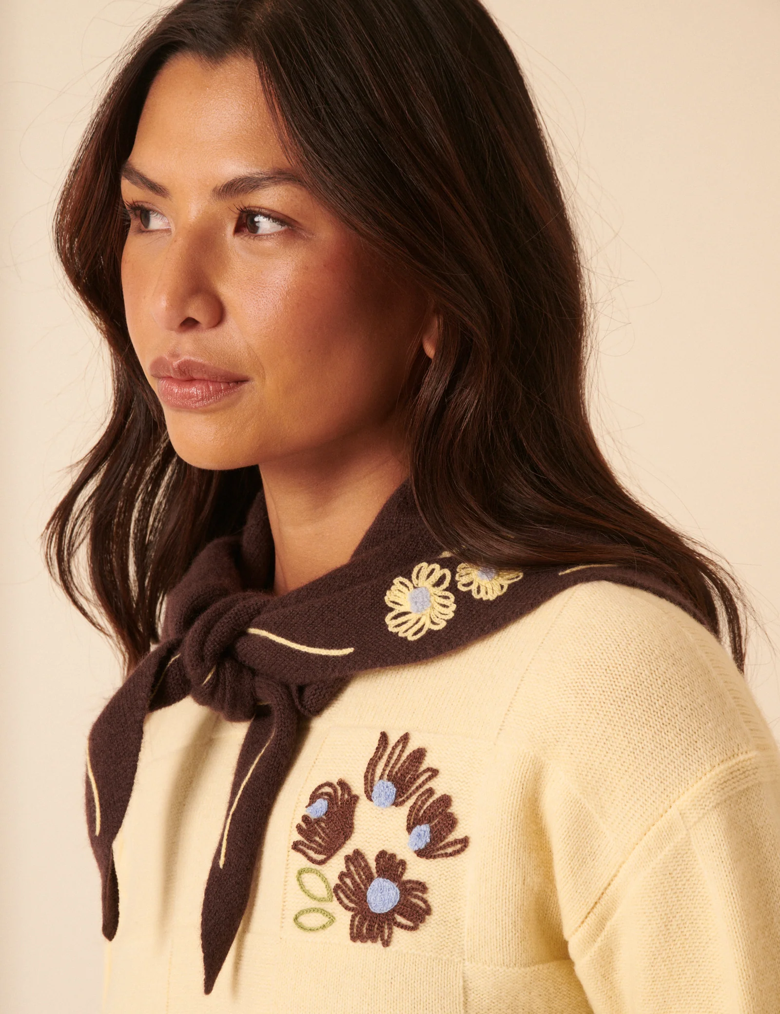 NC x TBCo Brown Floral Wool Triangle Scarf - Image 4
