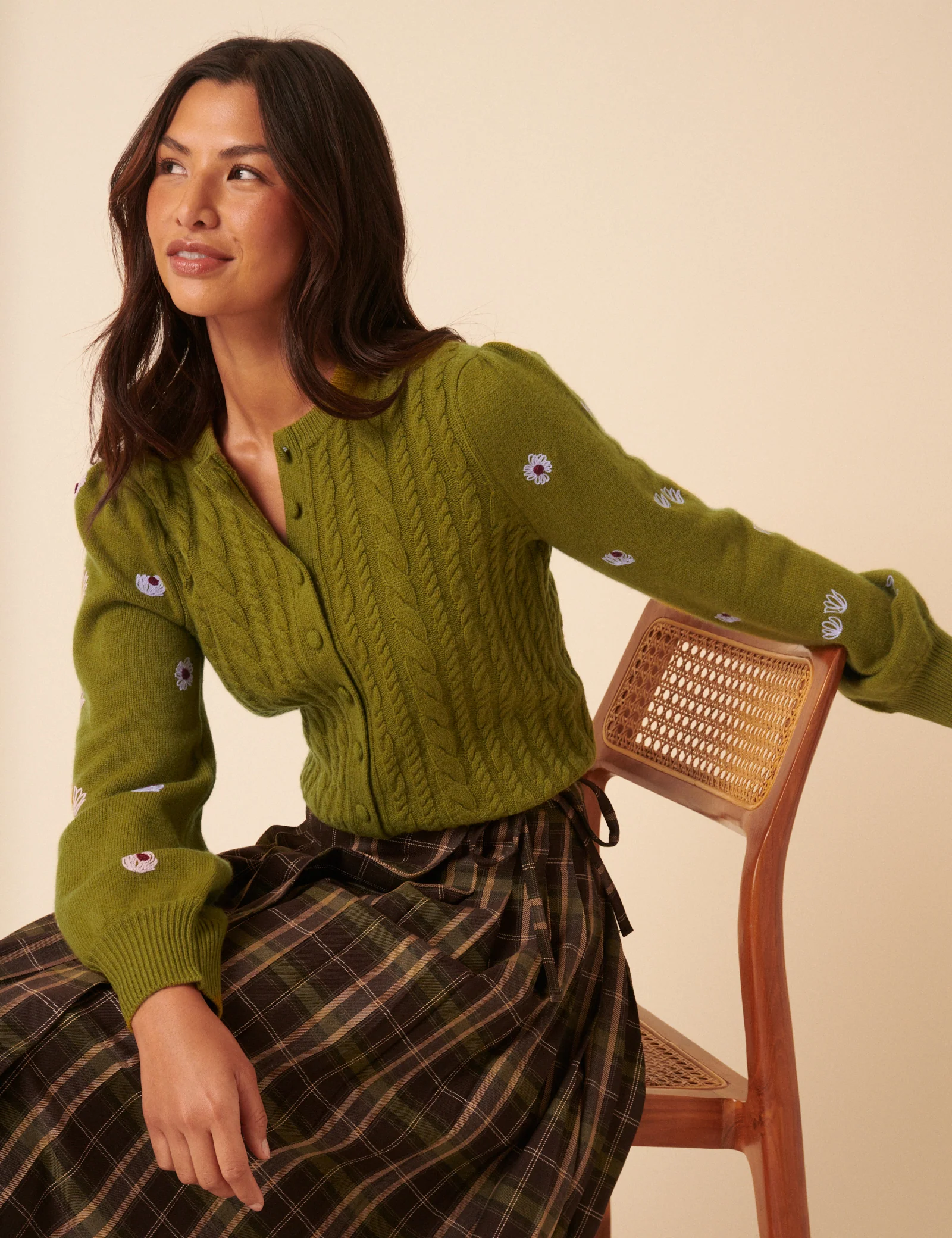 NC x TBCo Green Cable Knit Embroidered Wool Cardigan - Image 2