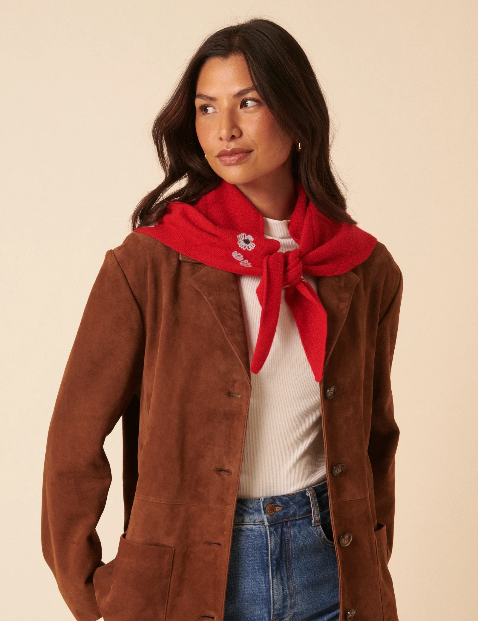 NC x TBCo Red Floral Wool Triangle Scarf - Image 4