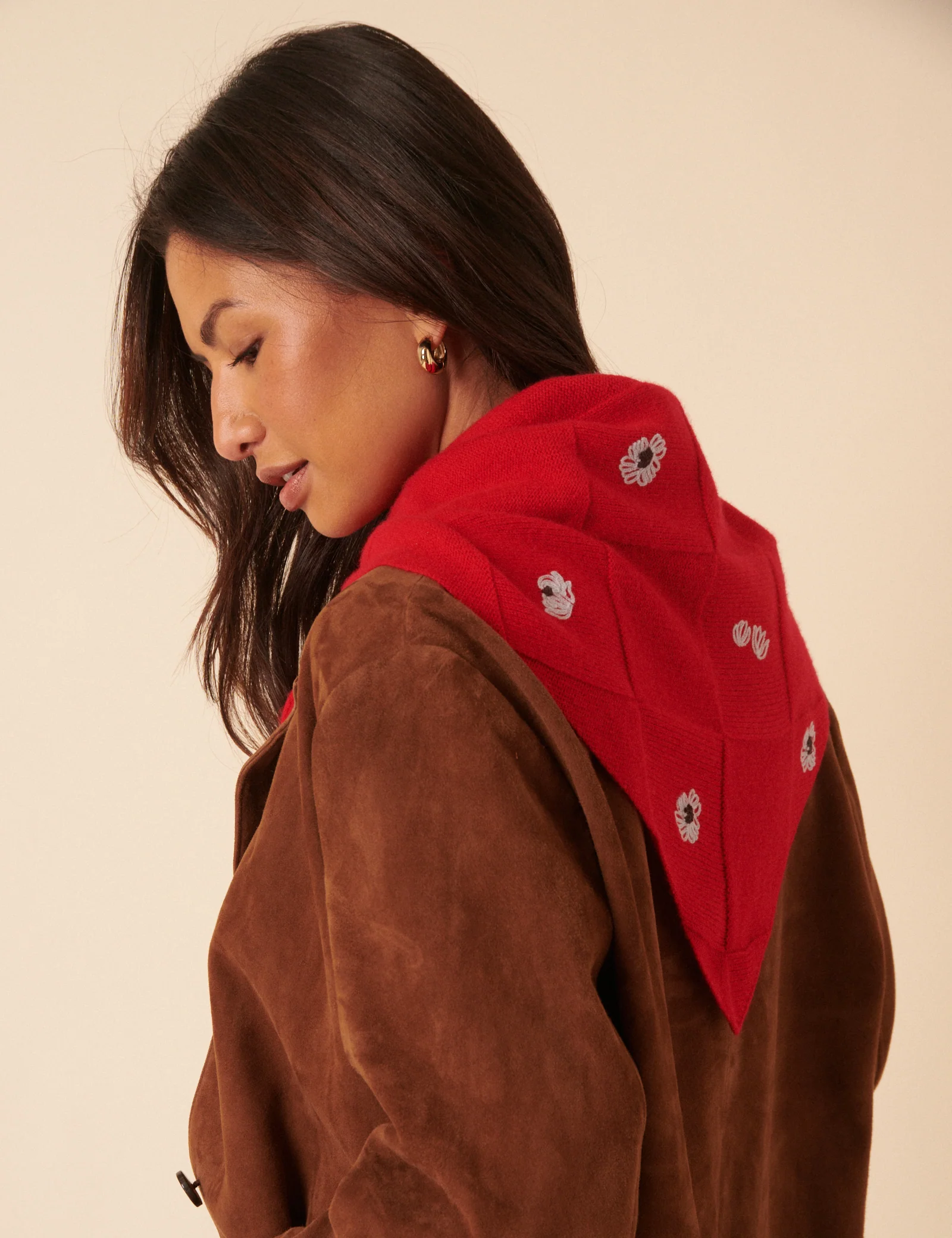 NC x TBCo Red Floral Wool Triangle Scarf - Image 5
