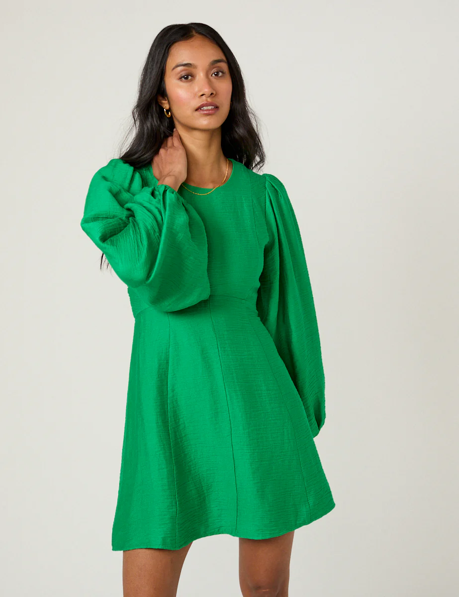 Green Balloon Sleeve Nicki Mini Dress - Image 2