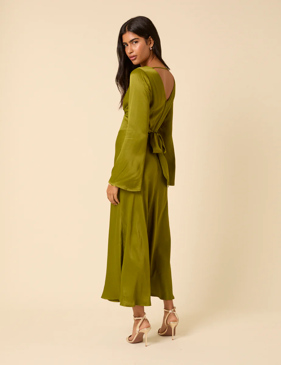 Olive Green Satin Long Sleeve Stella Midi Dress - Image 5