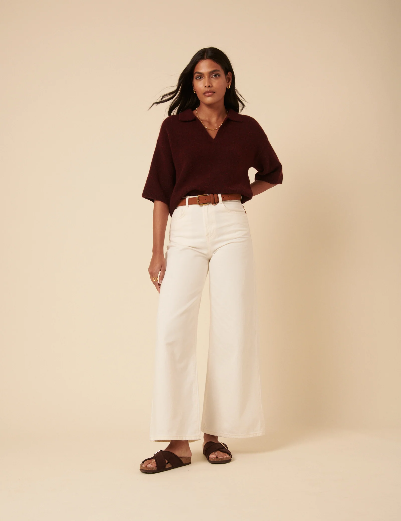 Burgundy Open Collar Polo Knitted T-Shirt