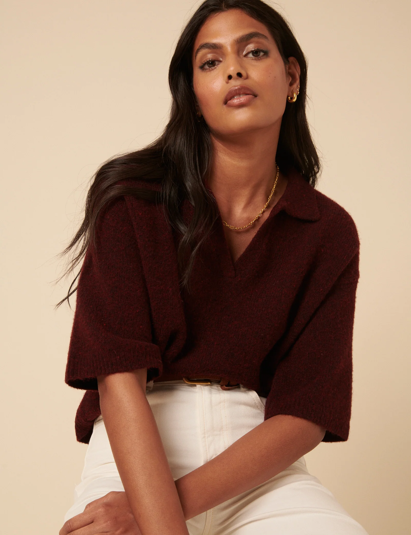 Burgundy Open Collar Polo Knitted T-Shirt - Image 5