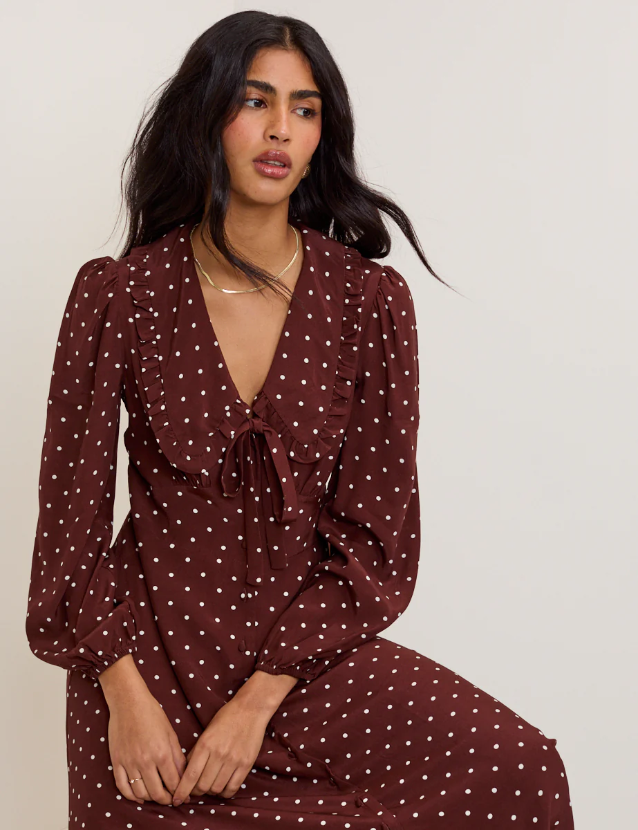 Brown Polka Dot Ottilie Midi Dress - Image 2