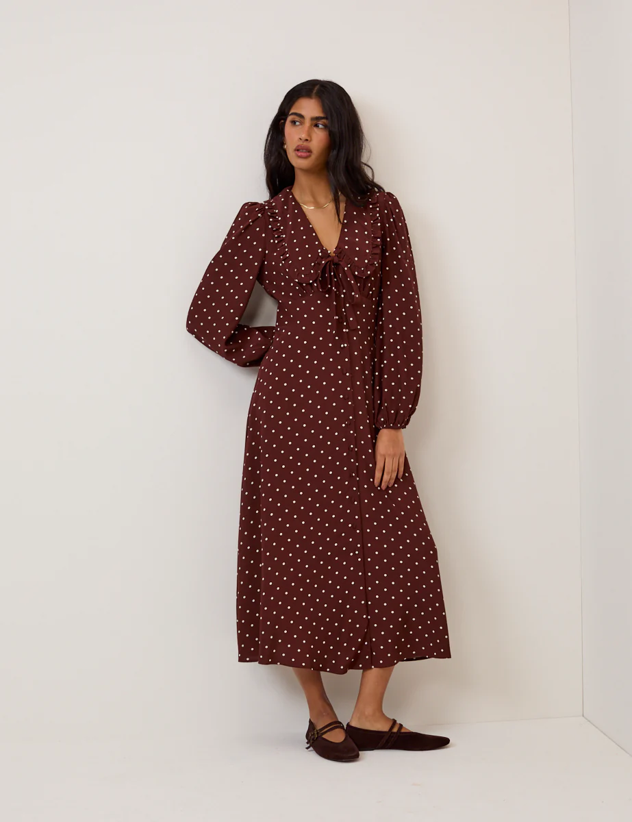 Brown Polka Dot Ottilie Midi Dress - Image 4